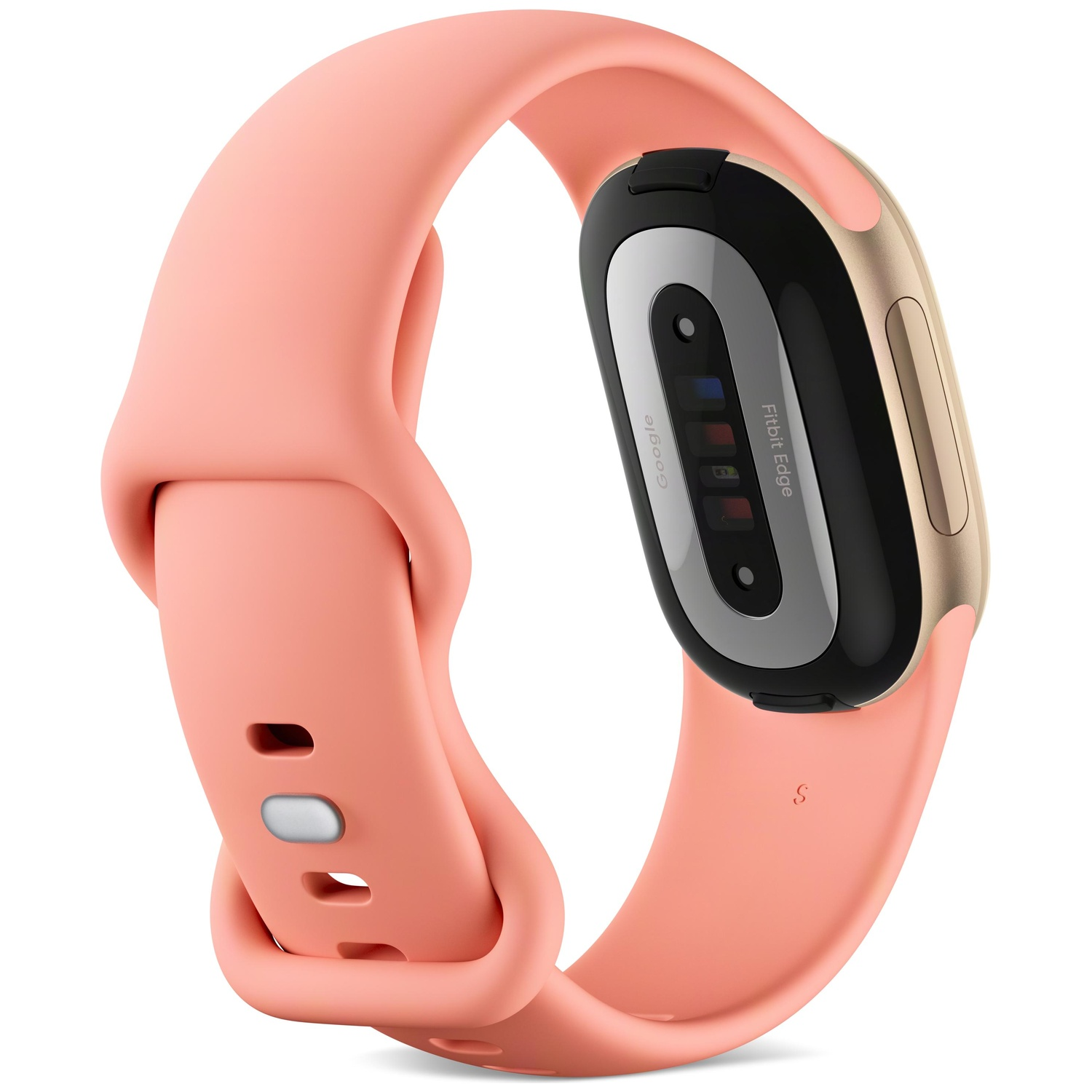 Roze fitness-tracker met zwarte achterkant, sensoren en siliconen band op een witte achtergrond.