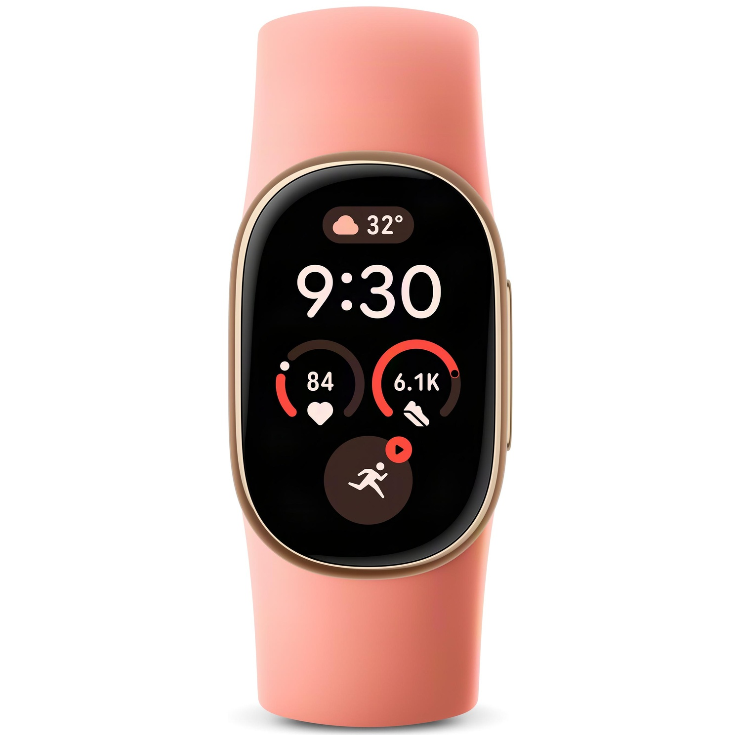 Roze smartwatch met zwart scherm dat tijd, temperatuur en fitnessgegevens toont.