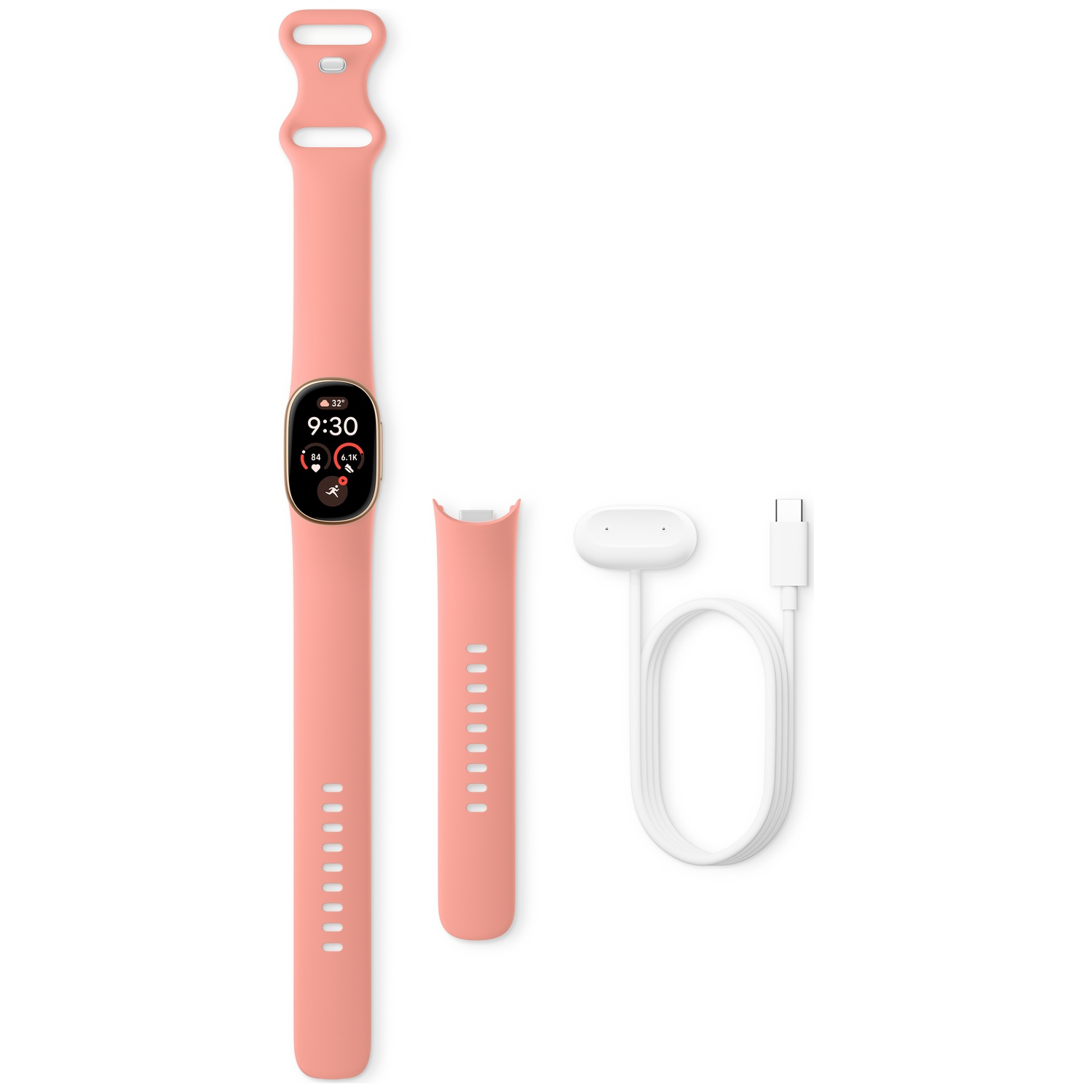 Een roze fitness tracker met display, een kort bandsegment en een witte oplaadkabel op een witte achtergrond.