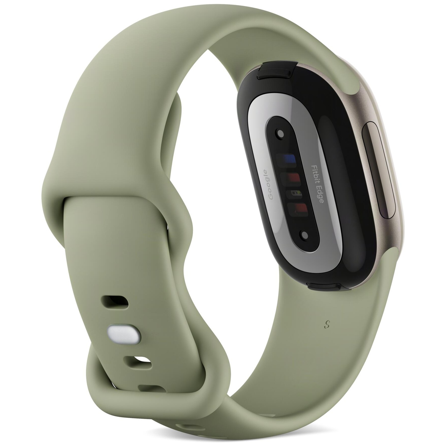 Een lichtgroene smartwatch vanzet de achterkant, met sensoren en een siliconen bandje.