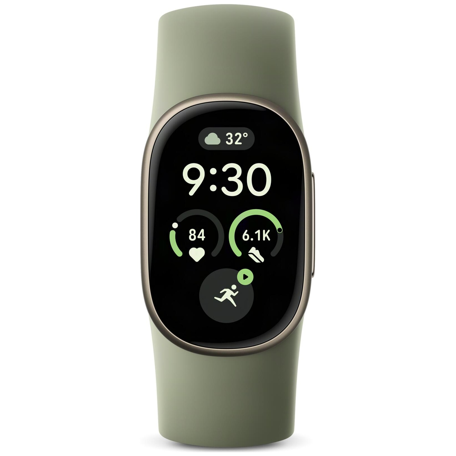 Een groene smartwatch toont tijd 9:30, temperatuur, hartslag en stappen op een zwart scherm.