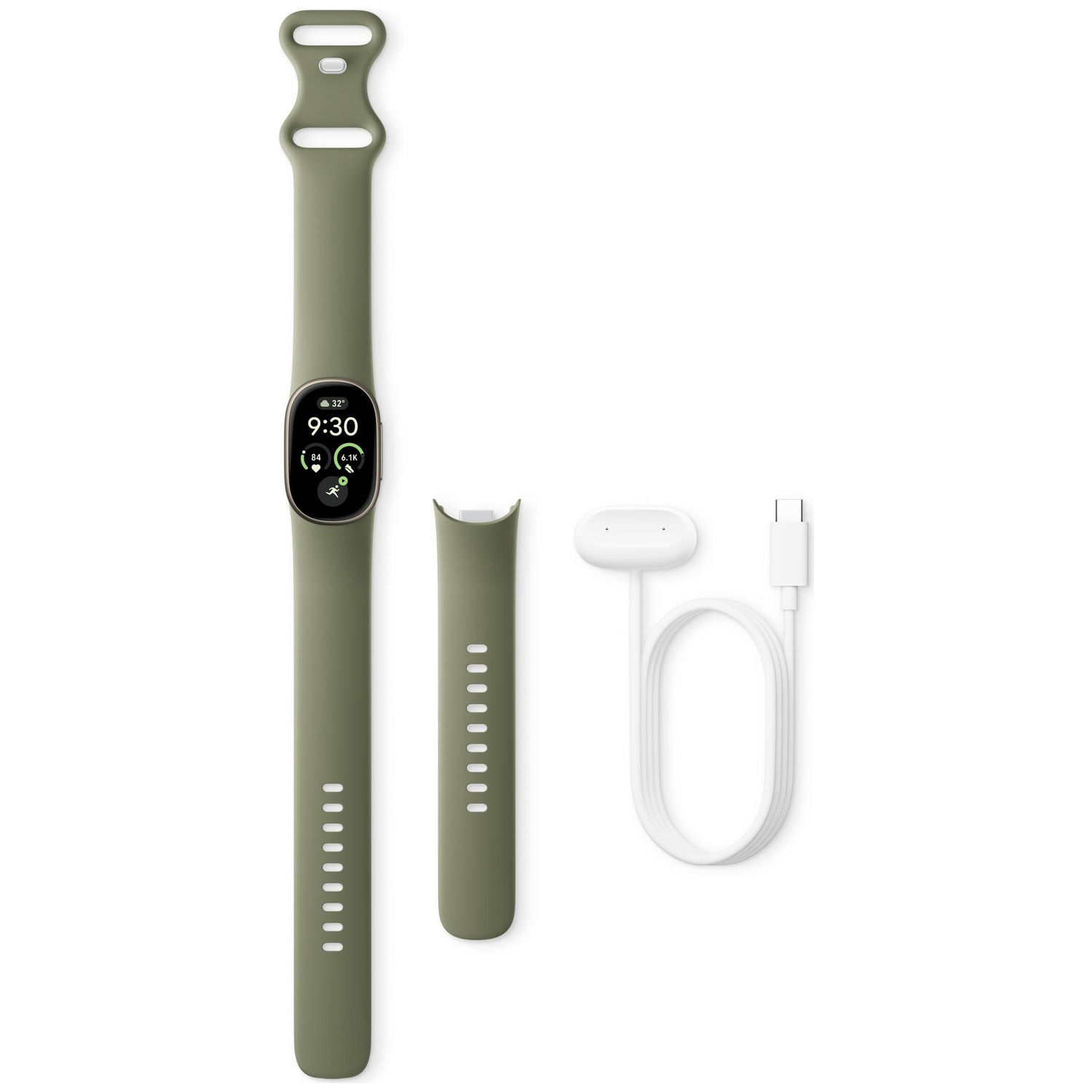 Groene fitnesstracker met scherm, vervangende band en witte oplaadkabel op witte achtergrond.