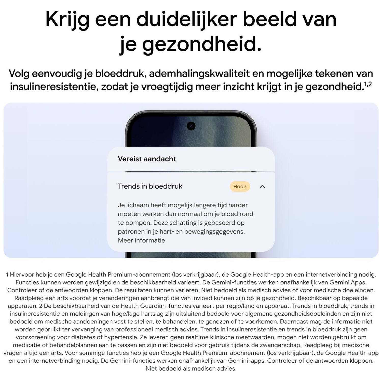 Smartphone scherm toont een gezondheidsapp met bloeddruktrends en medische meldingen.