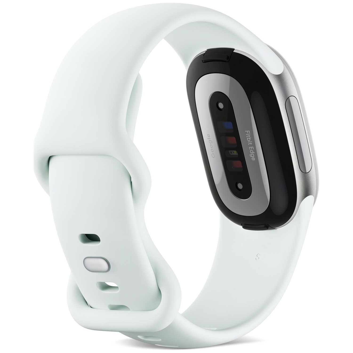 Achterkant van een Fitbit Edge smartwatch met witte siliconen band en sensoren op een witte achtergrond.