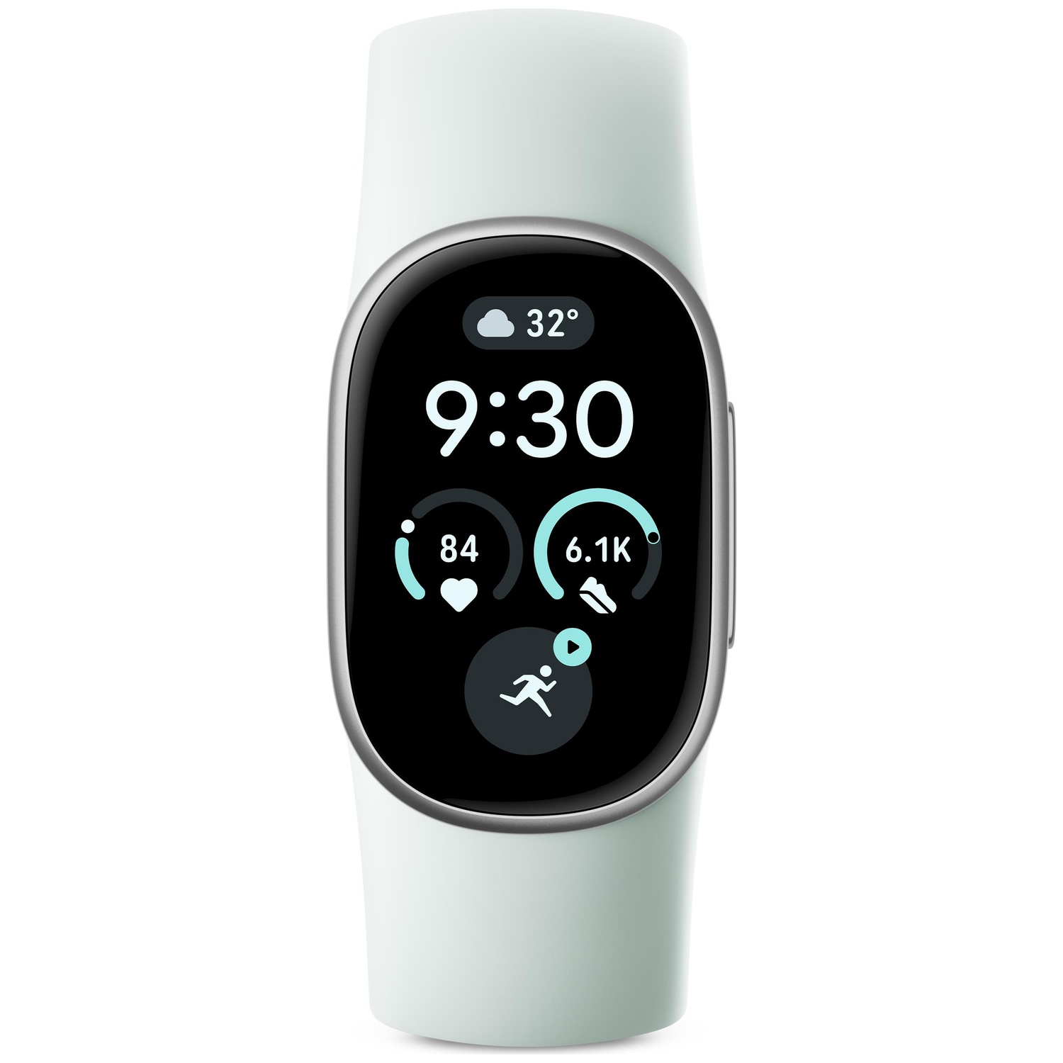 Een witte fitness-smartwatch toont tijd 9:30, temperatuur, hartslag en stappen op het scherm.