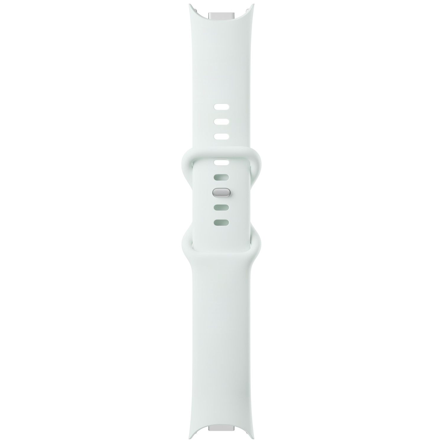 Een wit siliconen smartwatch-bandje met verstelbare gaten en een lus, geïsoleerd op een witte achtergrond.