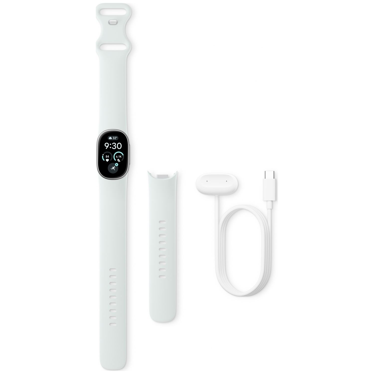 Een witte fitness tracker met scherm, extra bandje en oplaadkabel op witte achtergrond.
