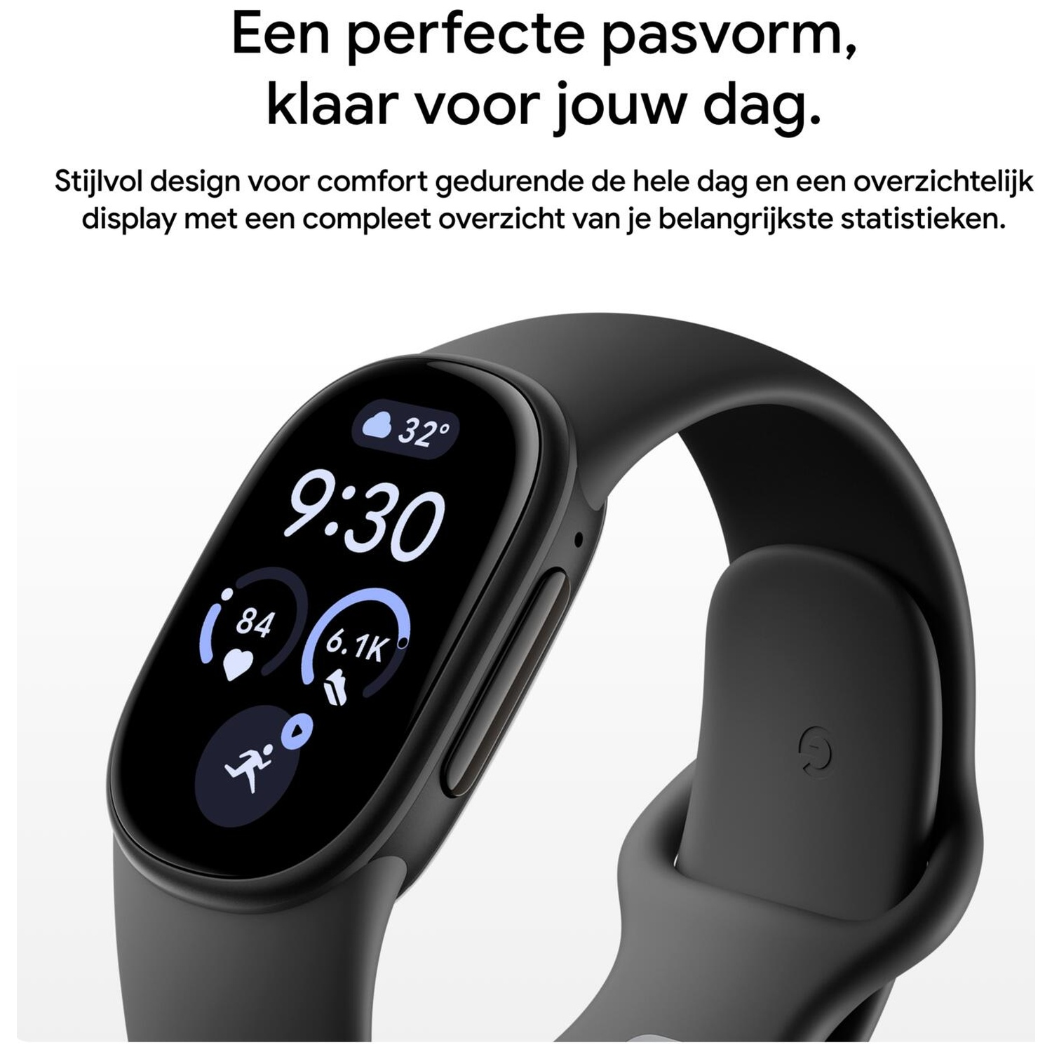 Zwarte fitnesstracker met kleurendisplay toont tijd, weer en activiteitsstatistieken.
