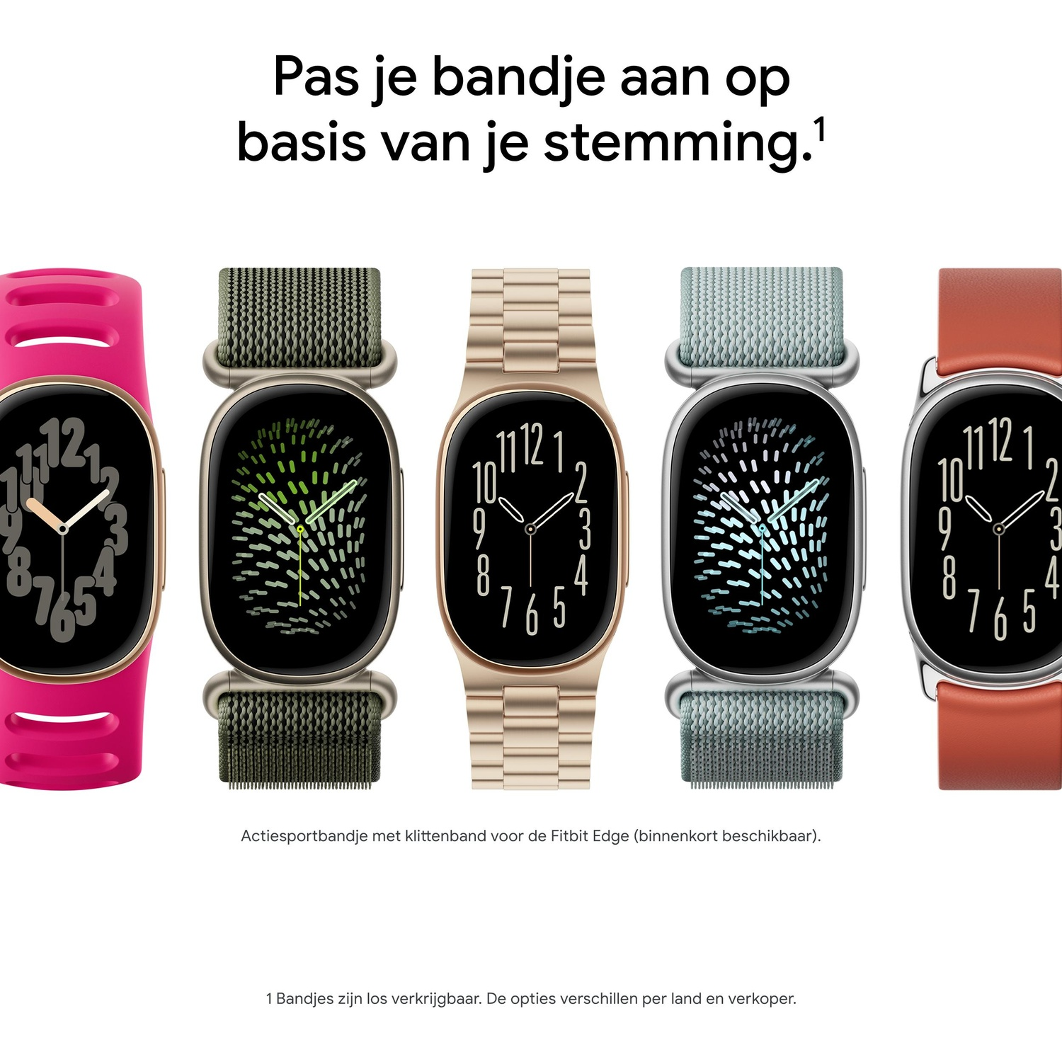 Vijf Fitbit Edge-smartwatches met verschillende gekleurde bandjes en wijzerplaten op een witte achtergrond.
