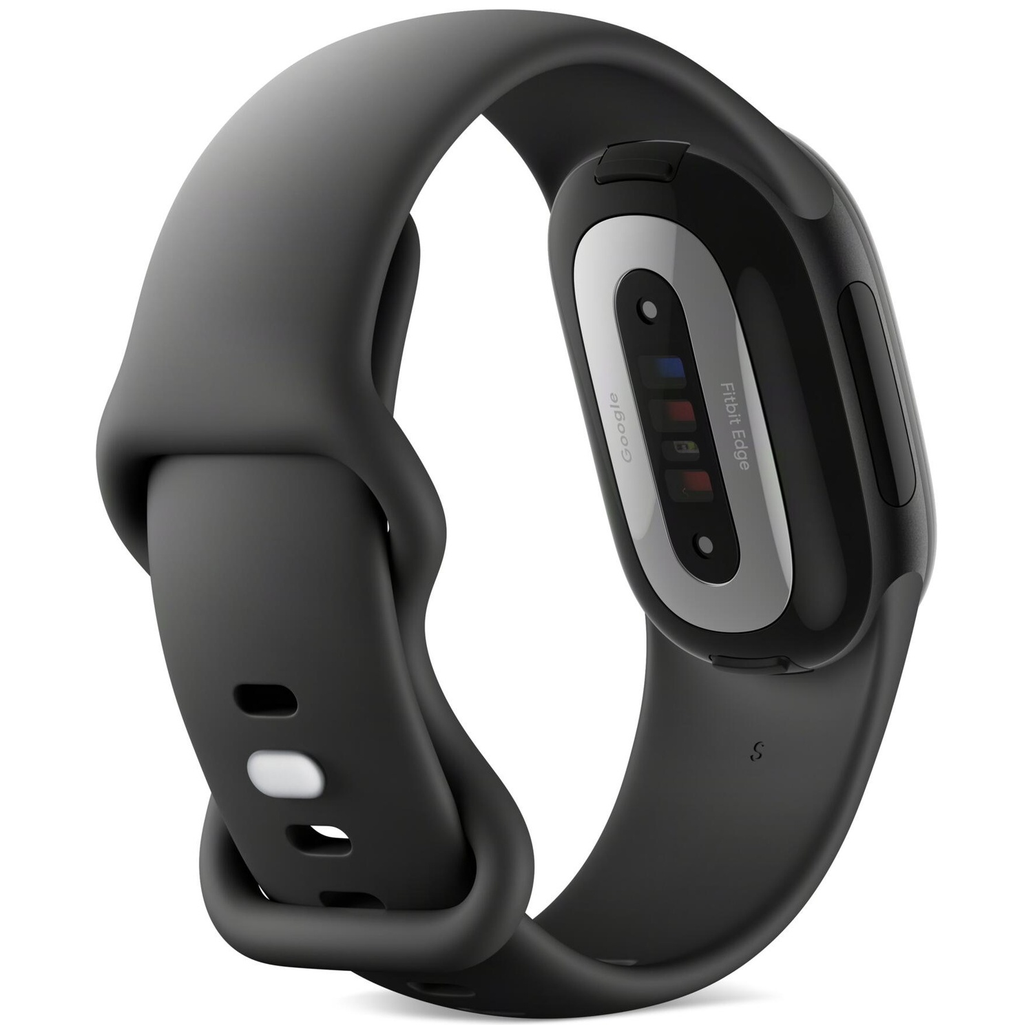 Zwarte Fitbit smartwatch van achteren gezien, met sensoren en bandje op een witte achtergrond.