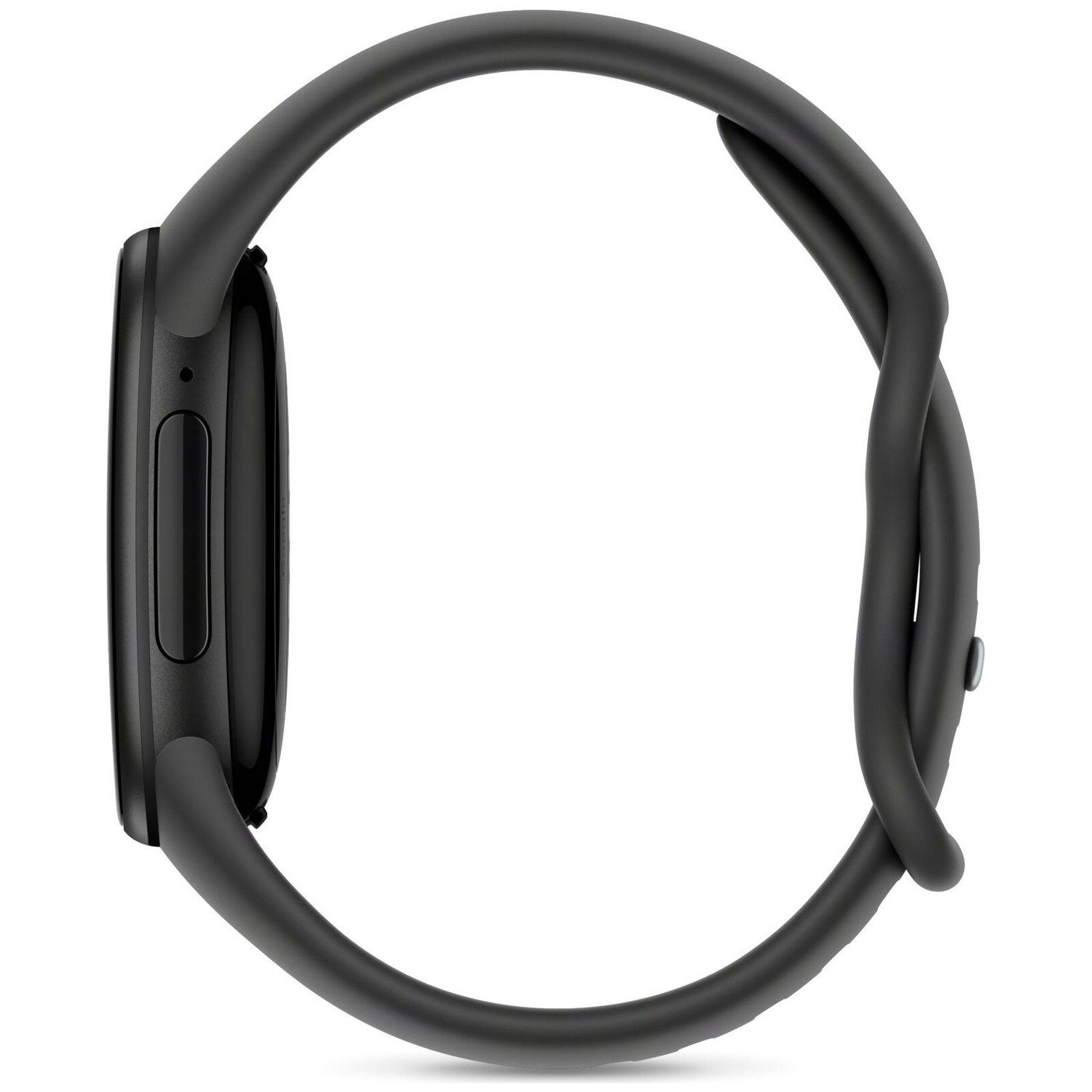 Zijaanzicht van een ronde zwarte smartwatch met een zwarte siliconen band tegen een witte achtergrond.