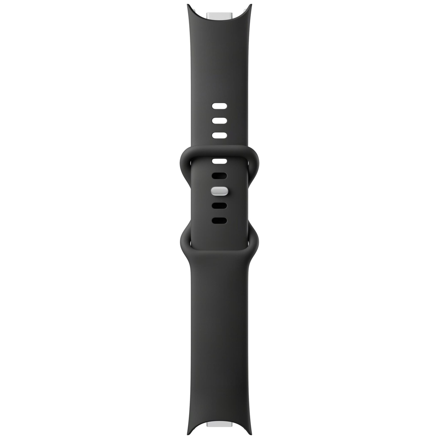 Een zwarte siliconen smartwatchband met verstelbare gaten en een lus tegen een witte achtergrond.