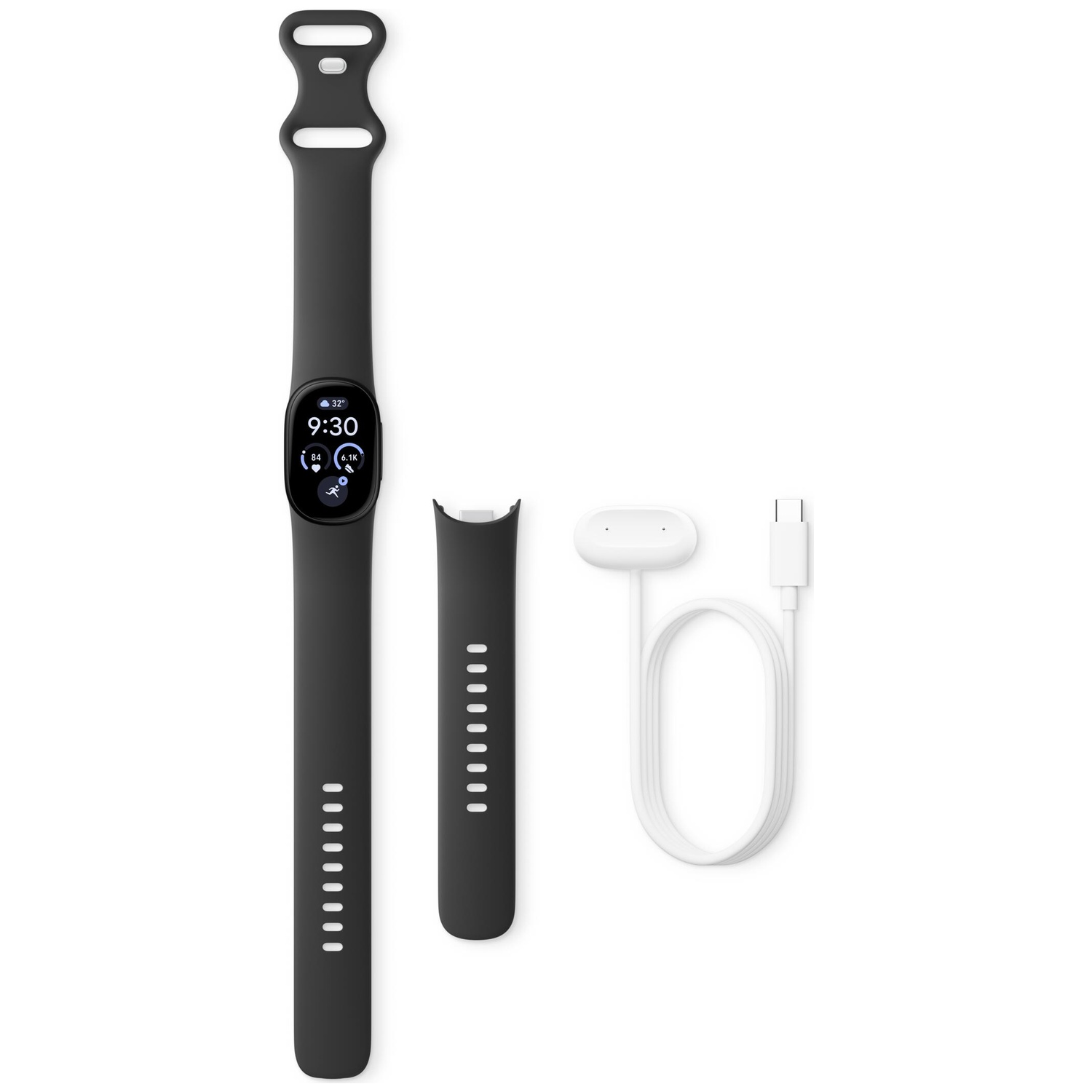 Zwarte activity tracker met display, extra bandje en witte oplaadkabel op een witte achtergrond.