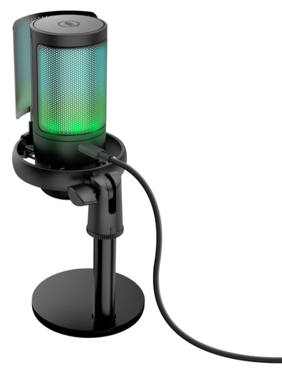 Czarny mikrofon USB z niebiesko-zielonym podświetleniem LED na okrągłym stojaku biurkowym z podłączonym kablem.