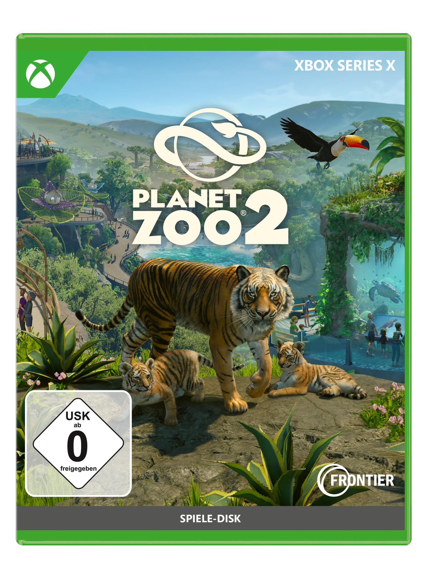 Planet Zoo 2 Cover für Xbox Series X mit Tigerin und zwei Jungen in einer grünen Zoo-Landschaft.