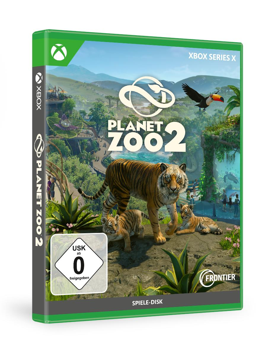 Xbox-Spielhülle von Planet Zoo 2 mit Tigern im Vordergrund und einer Zoo-Landschaft im Hintergrund.