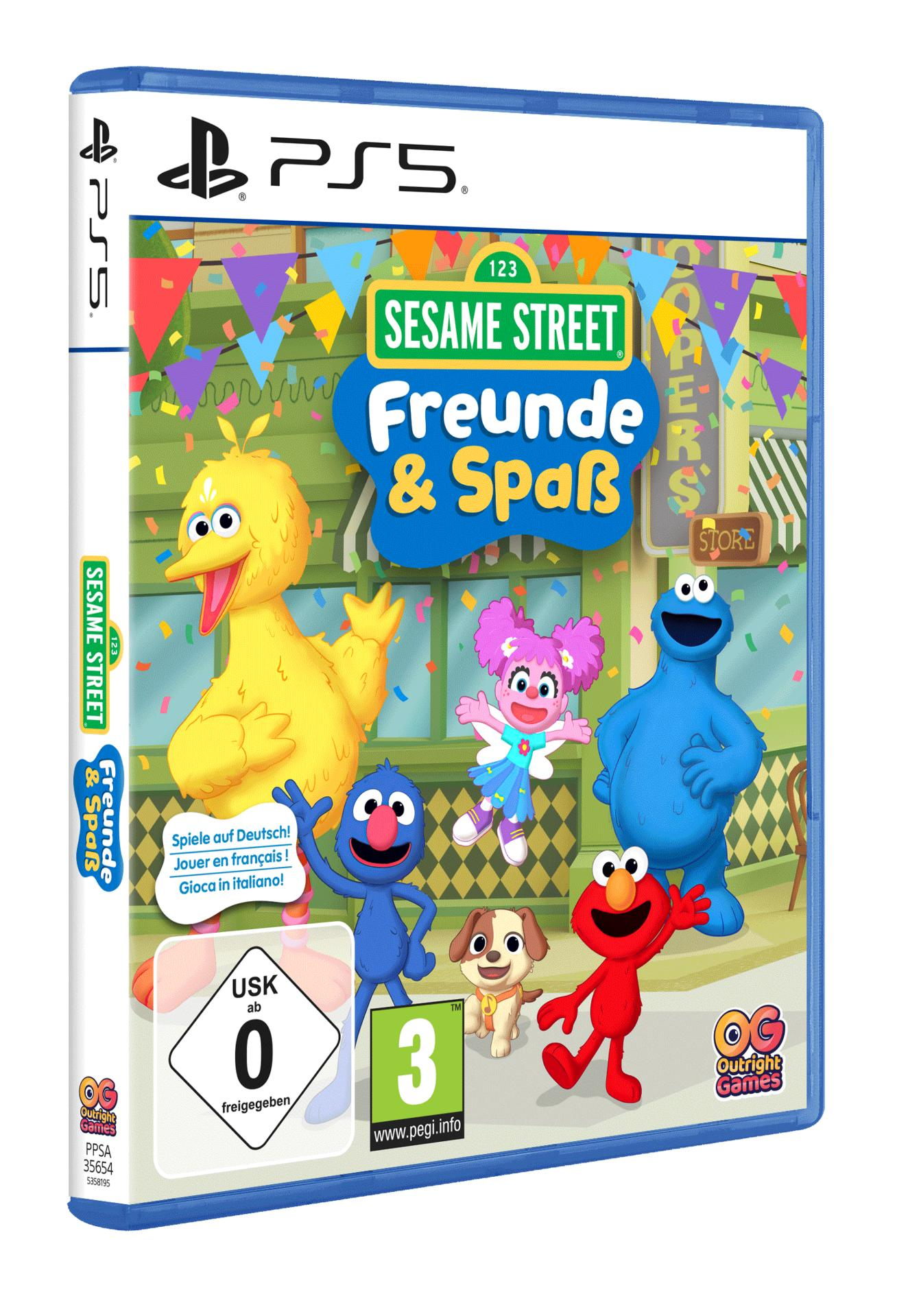 PS5-Spielhülle mit Sesamstraße-Figuren wie Big Bird, Elmo und Cookie Monster vor bunter Ladenkulisse.