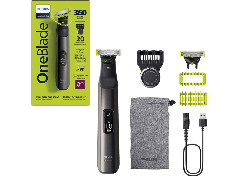 Philips One Blade Pro QP6552/15, recorta, perfila y afeita, cara cuerpo, Pack 2 cuchillas 360, seco mojado, 20 longitudes, 120 min