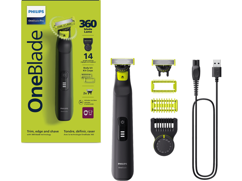 Philips One Blade Pro QP6542/15, recorta, perfila y afeita, cara cuerpo, 2 cuchillas 360, seco mojado, 14 longitudes, 90 min