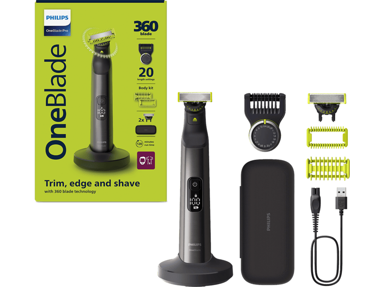 Philips One Blade Pro QP6652/61, recorta, perfila y afeita, cara cuerpo, Pack de 2 cuchillas 360, seco mojado, 20 longitudes, 120 min