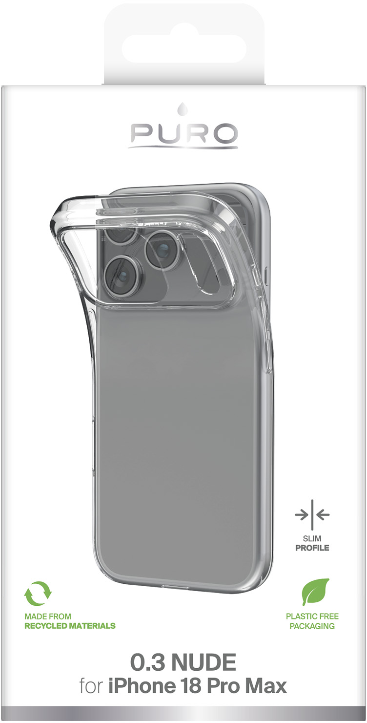 Transparente PURO Handyhülle für iPhone in weißer Verpackung mit Logos für recycelte Materialien.
