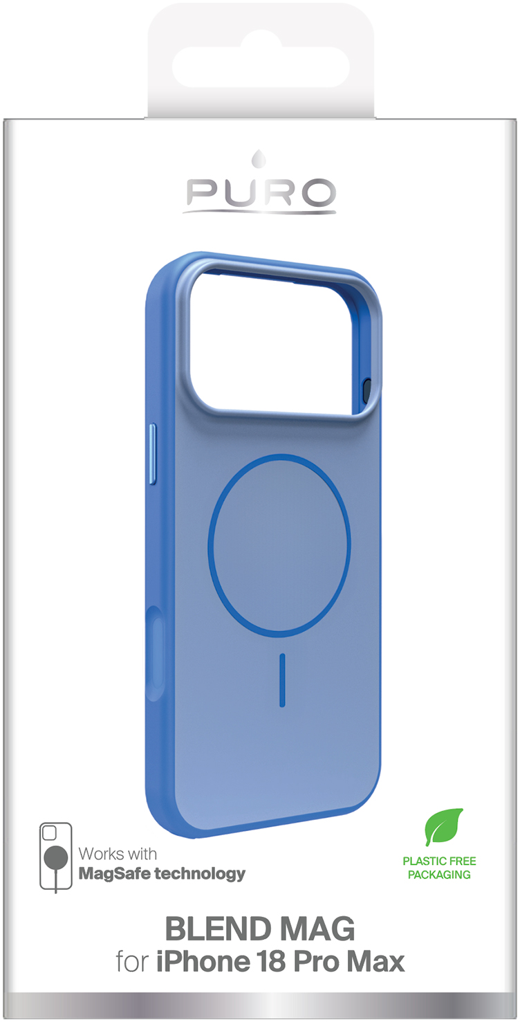 Blaue Puro Blend Mag Handyhülle für iPhone in weißer Verpackung mit MagSafe-Logo.