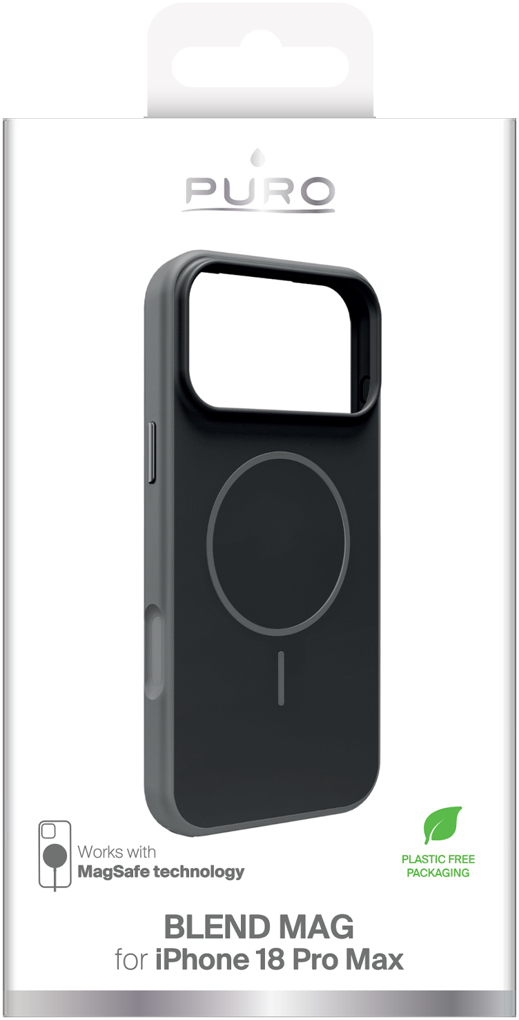 Graue Puro Blend Mag Handyhülle für iPhone in weißer Verpackung.