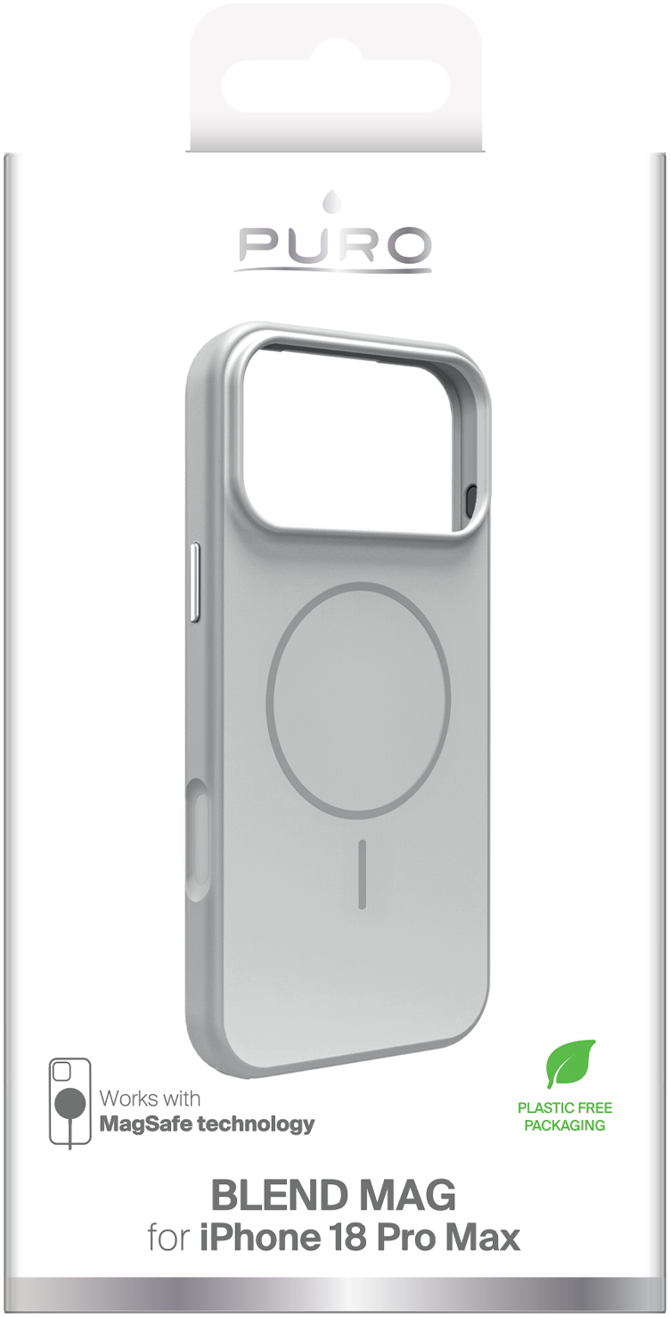 Weiße Verpackung mit Puro Blend Mag Hülle für iPhone, MagSafe-kompatibel und kunststofffrei.