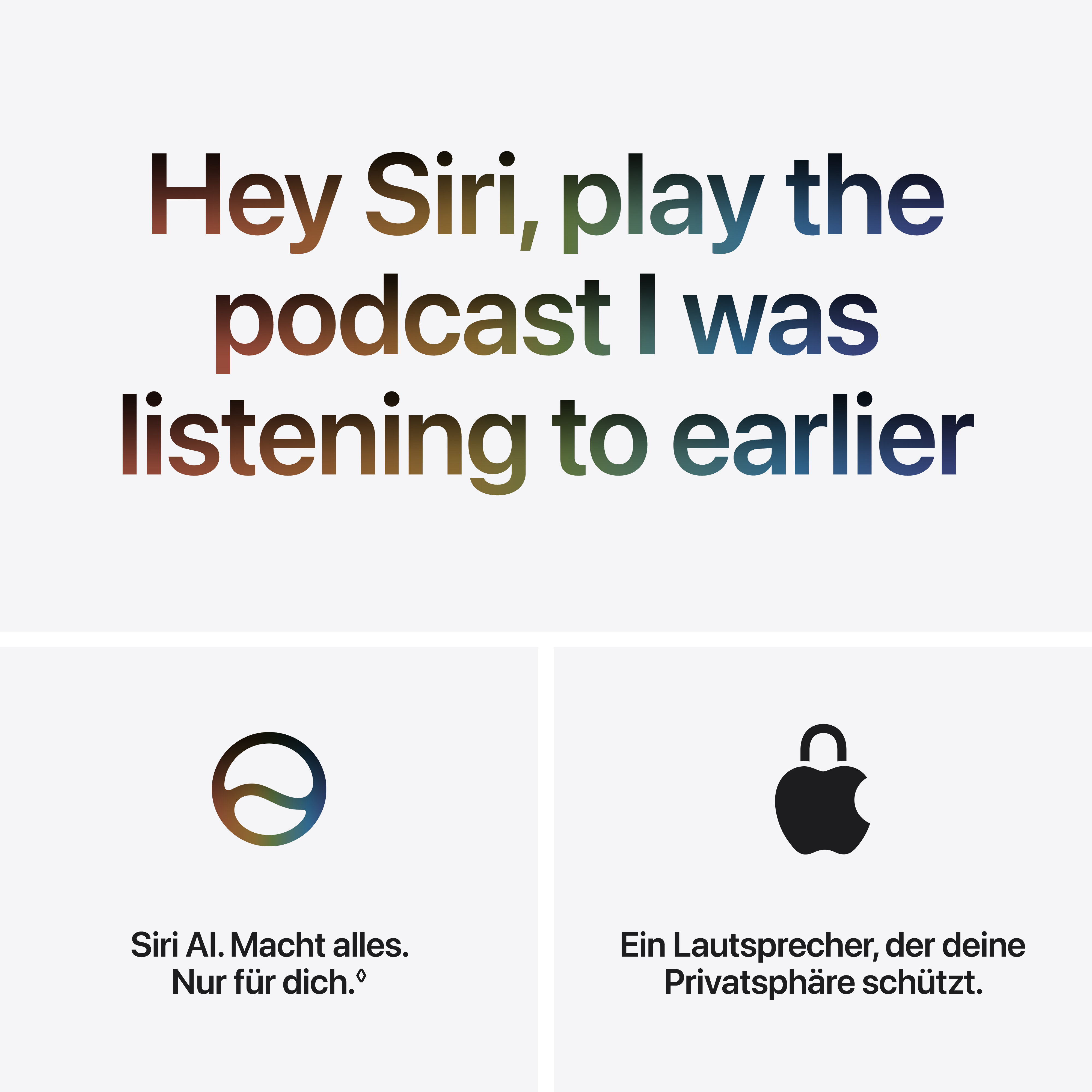 Text "Hey Siri, play the podcast" mit bunten Buchstaben und Apple-Siri-Symbolen auf weißem Hintergrund.