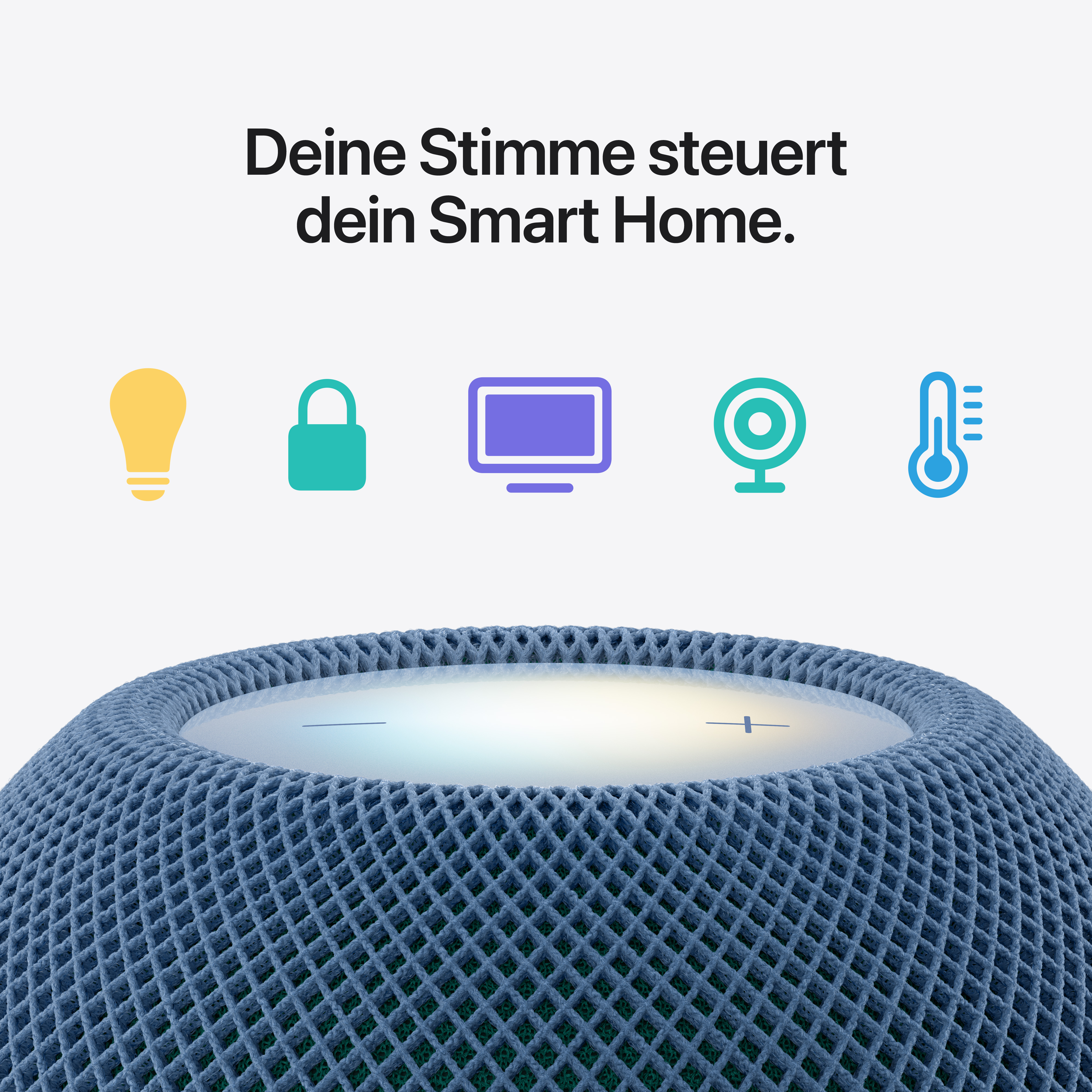 Blauer Smart-Speaker mit Leuchtoberfläche und Symbolen für Smart-Home-Funktionen darüber.