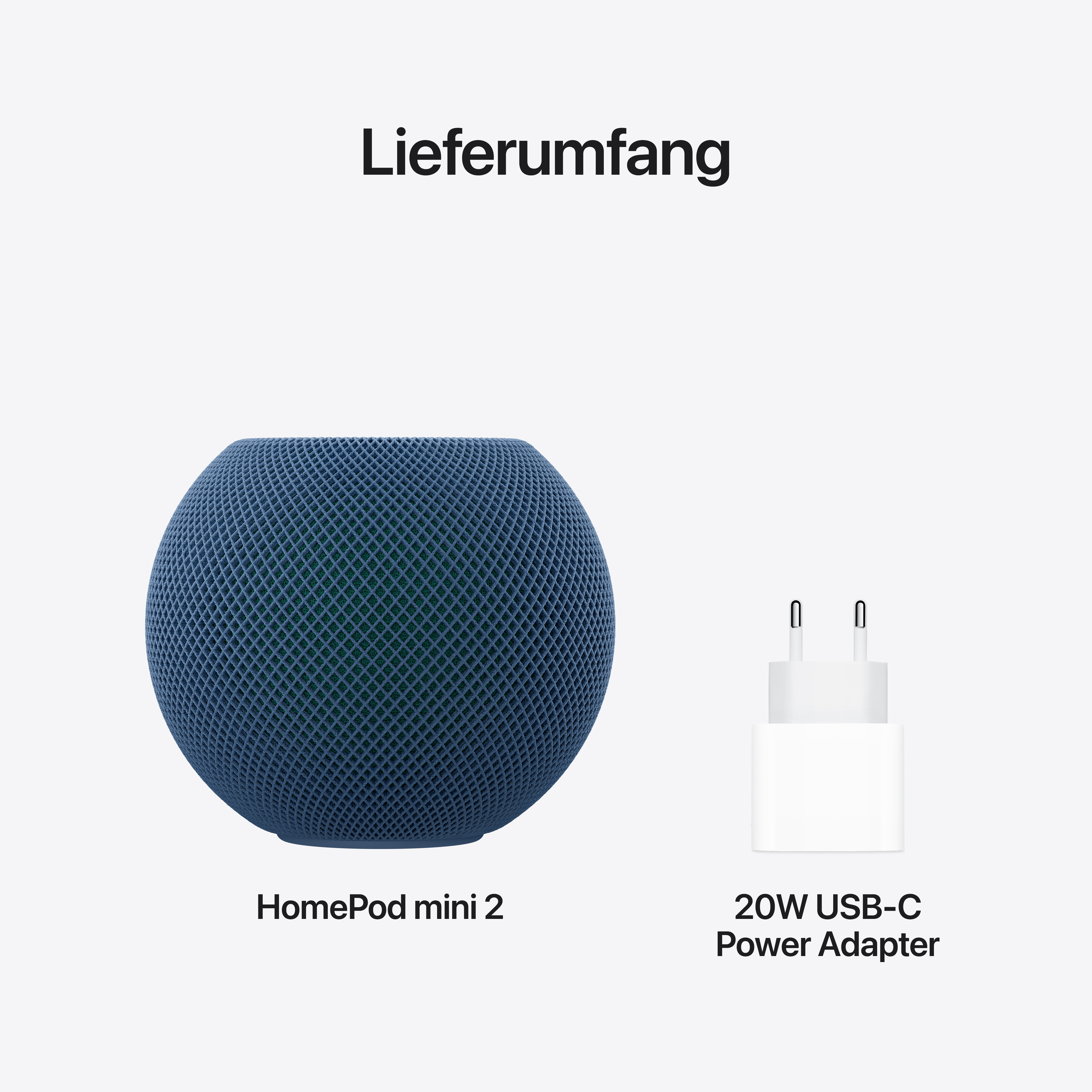 Lieferumfang: Ein blauer HomePod mini 2 und ein weißes 20W USB-C Netzteil auf weißem Hintergrund.