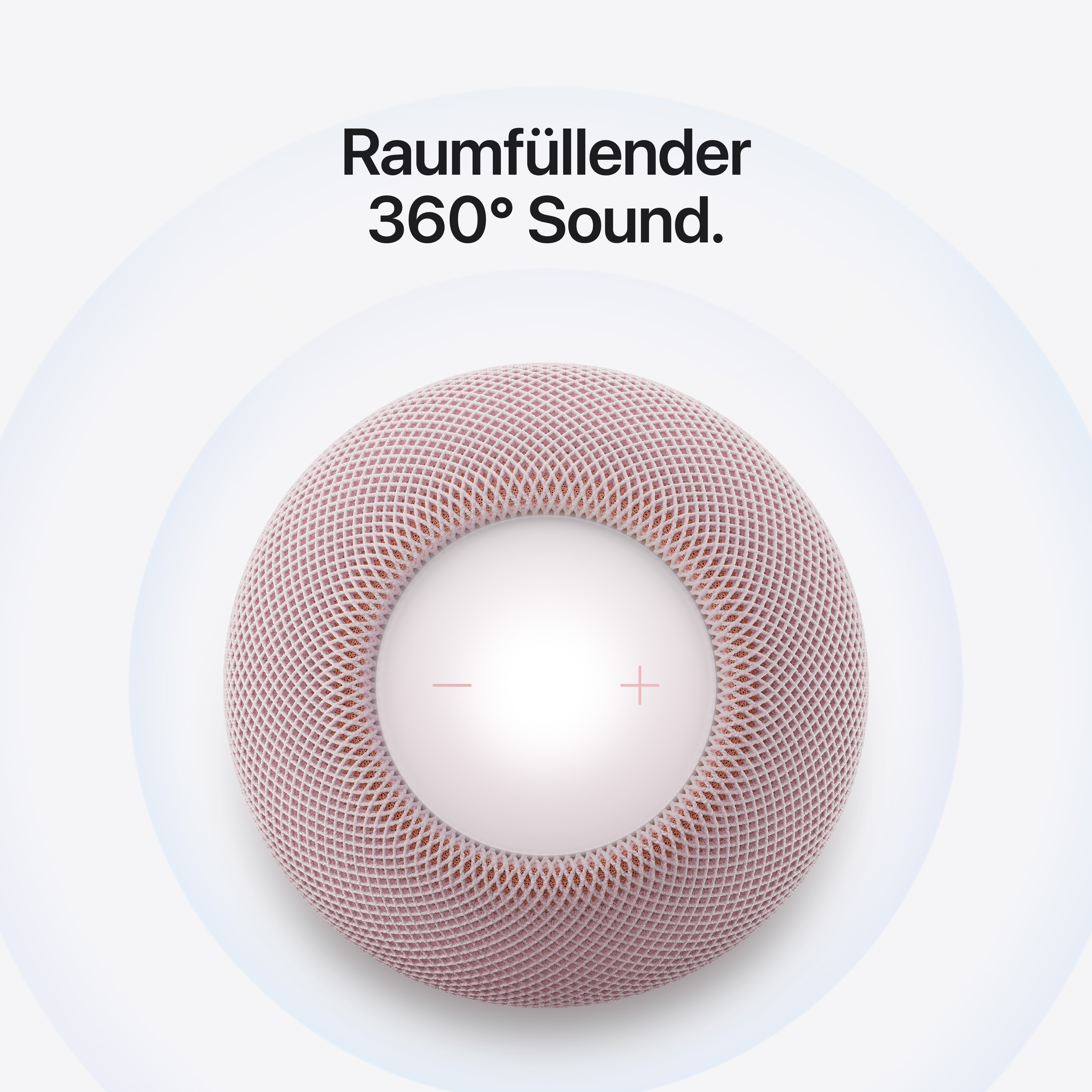 Rosa runder Smart Speaker von oben mit Touch-Bedienfeld und der Aufschrift Raumfüllender 360° Sound.