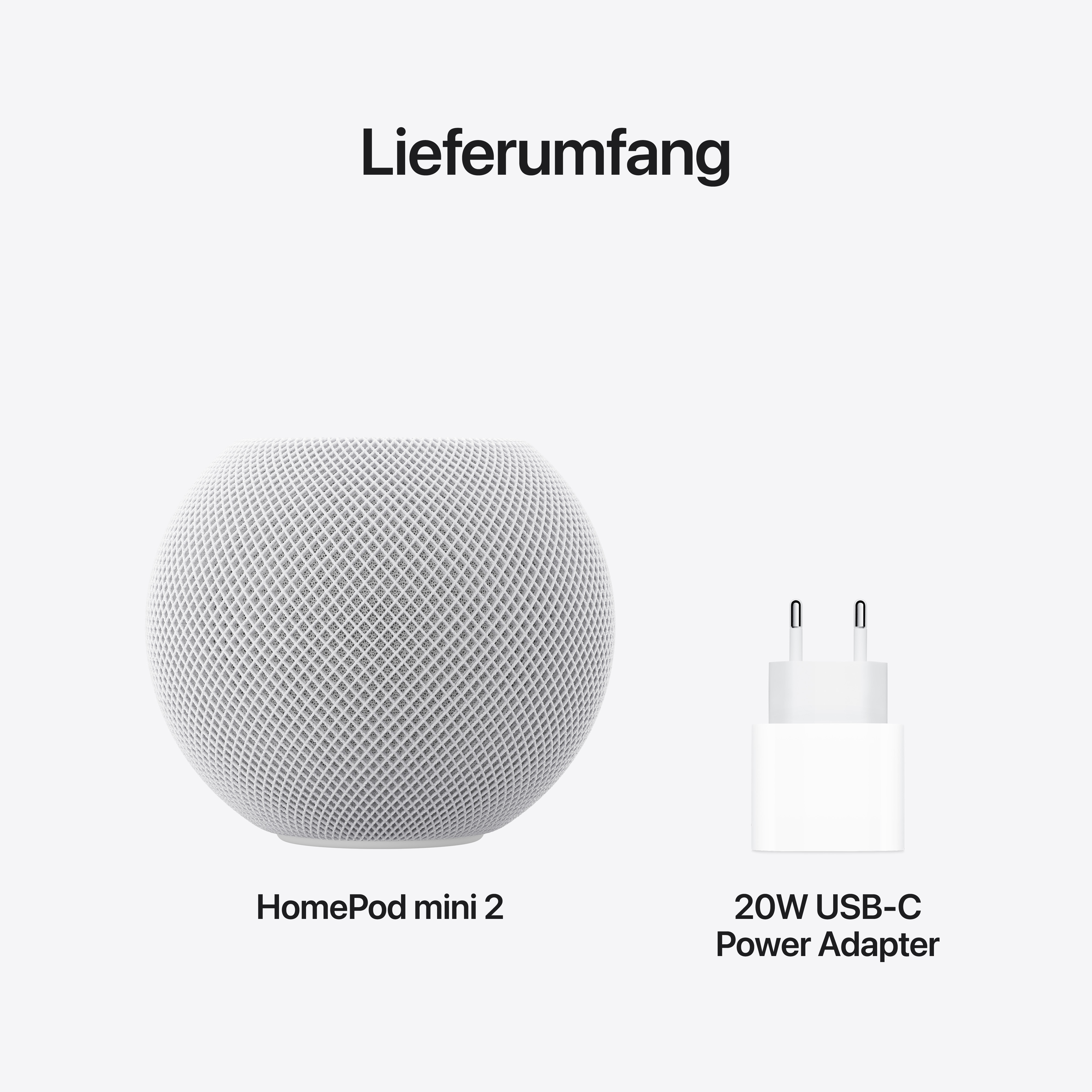 Lieferumfang: Ein weißer HomePod mini 2 und ein 20W USB-C Netzteil auf hellem Hintergrund.