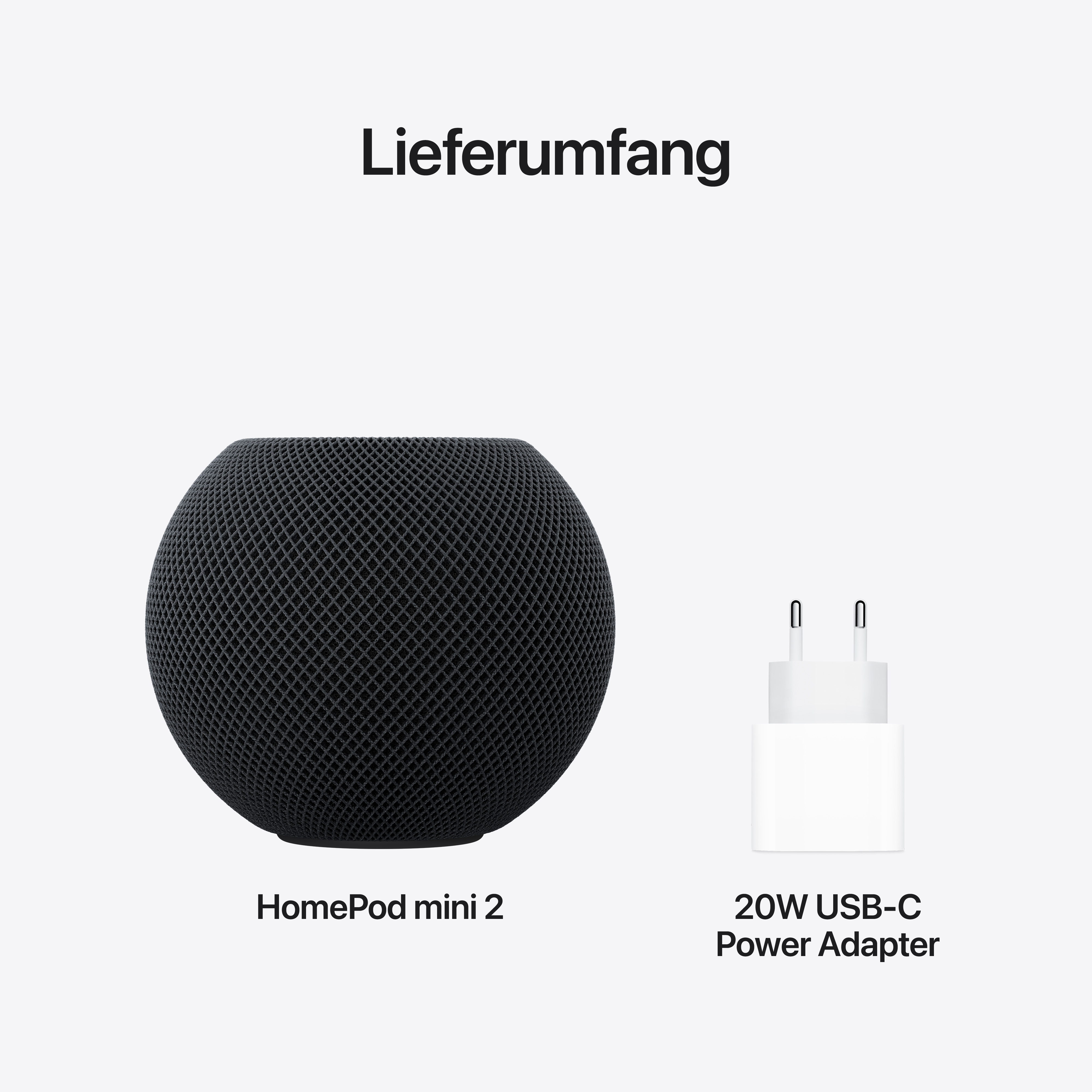 Ein schwarzer HomePod mini 2 und ein weißes 20W USB-C Netzteil vor hellem Hintergrund.