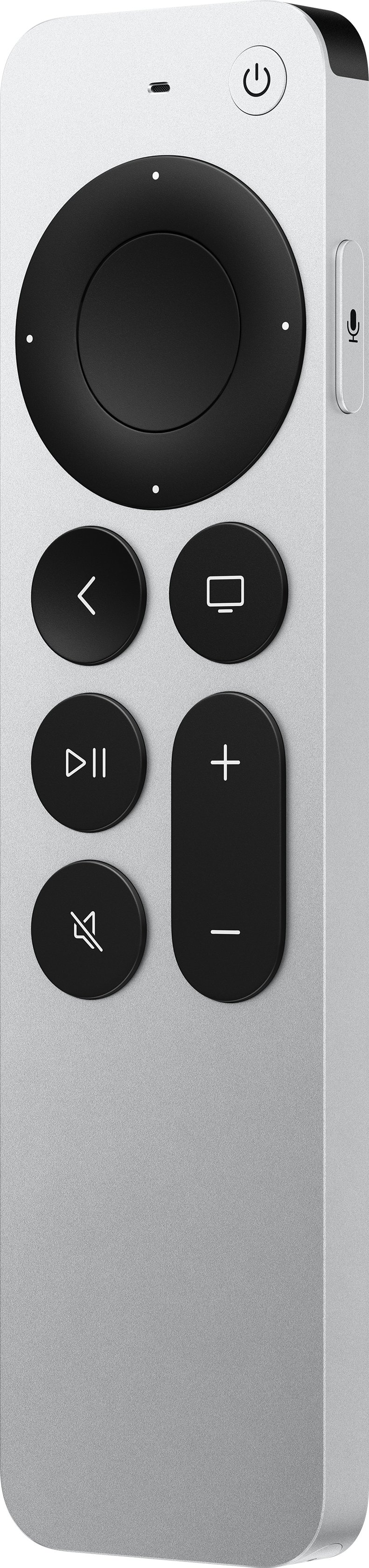 Télécommande argentée avec des boutons noirs, un pavé circulaire, un bouton d'alimentation et un bouton micro latéral.