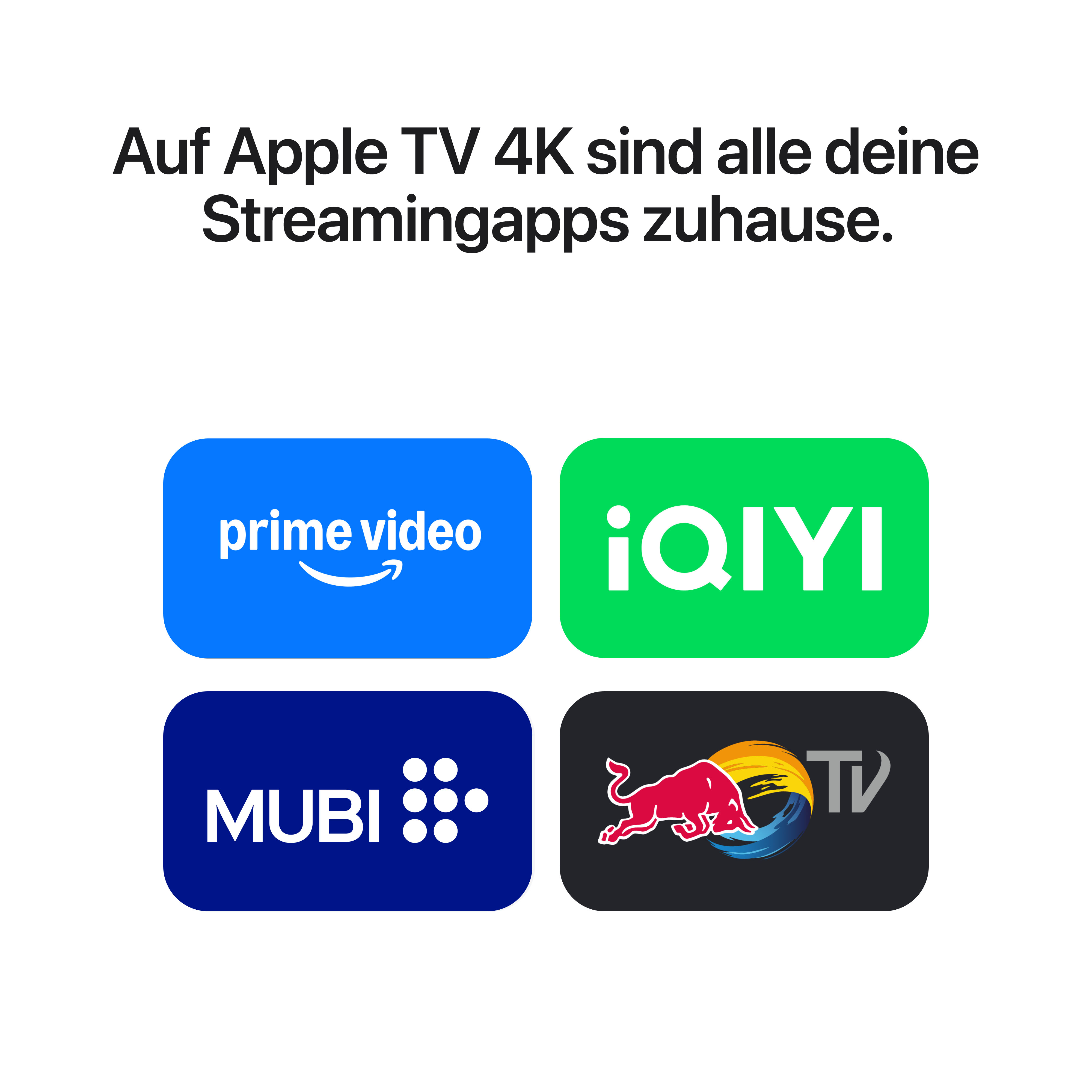 Texte allemand et icônes d'applications Prime Video, iQIYI, MUBI et Red Bull TV sur fond blanc.