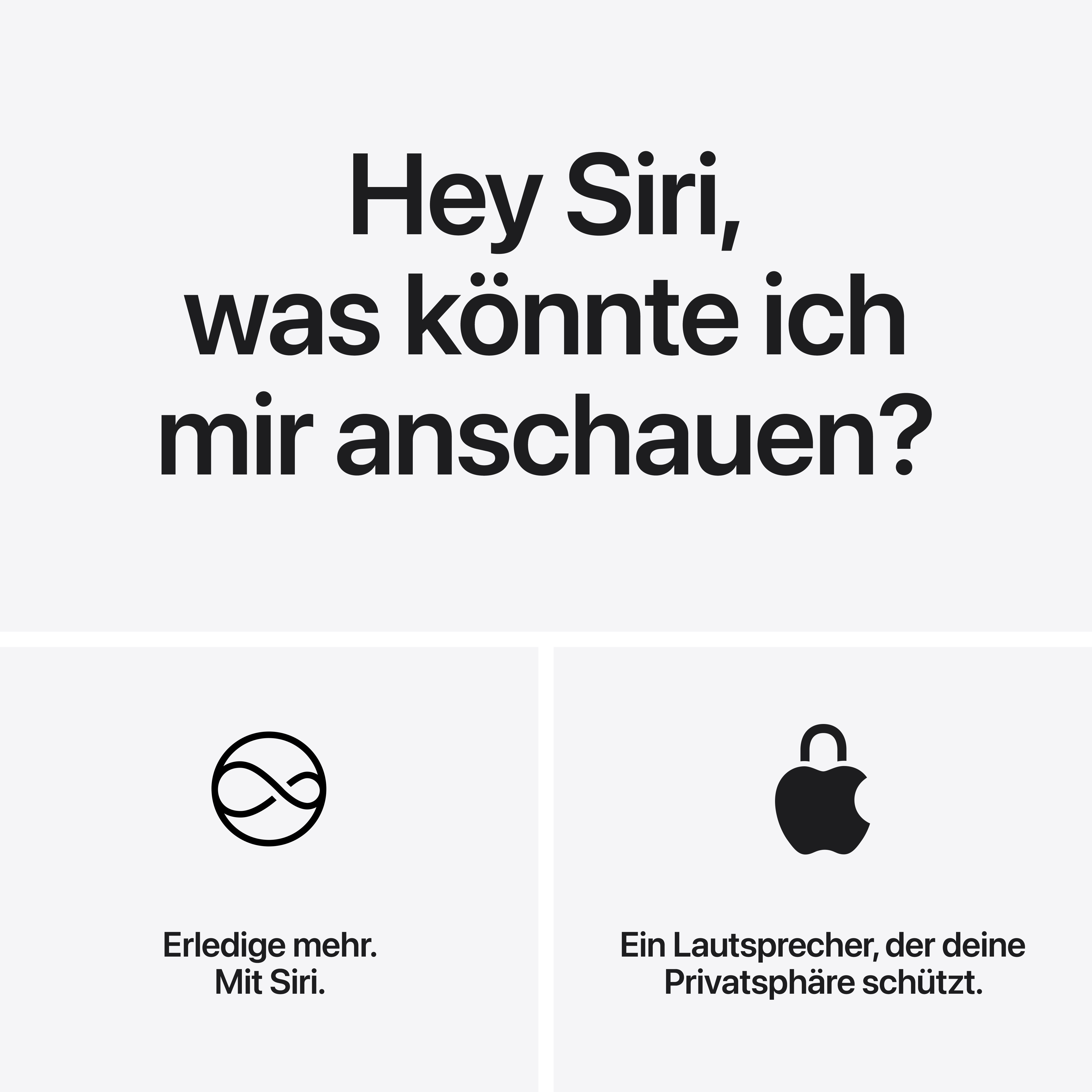 Text auf weißem Grund mit zwei Bereichen: links ein Siri-Logo mit Text, rechts ein Apple-Logo mit Schloss.