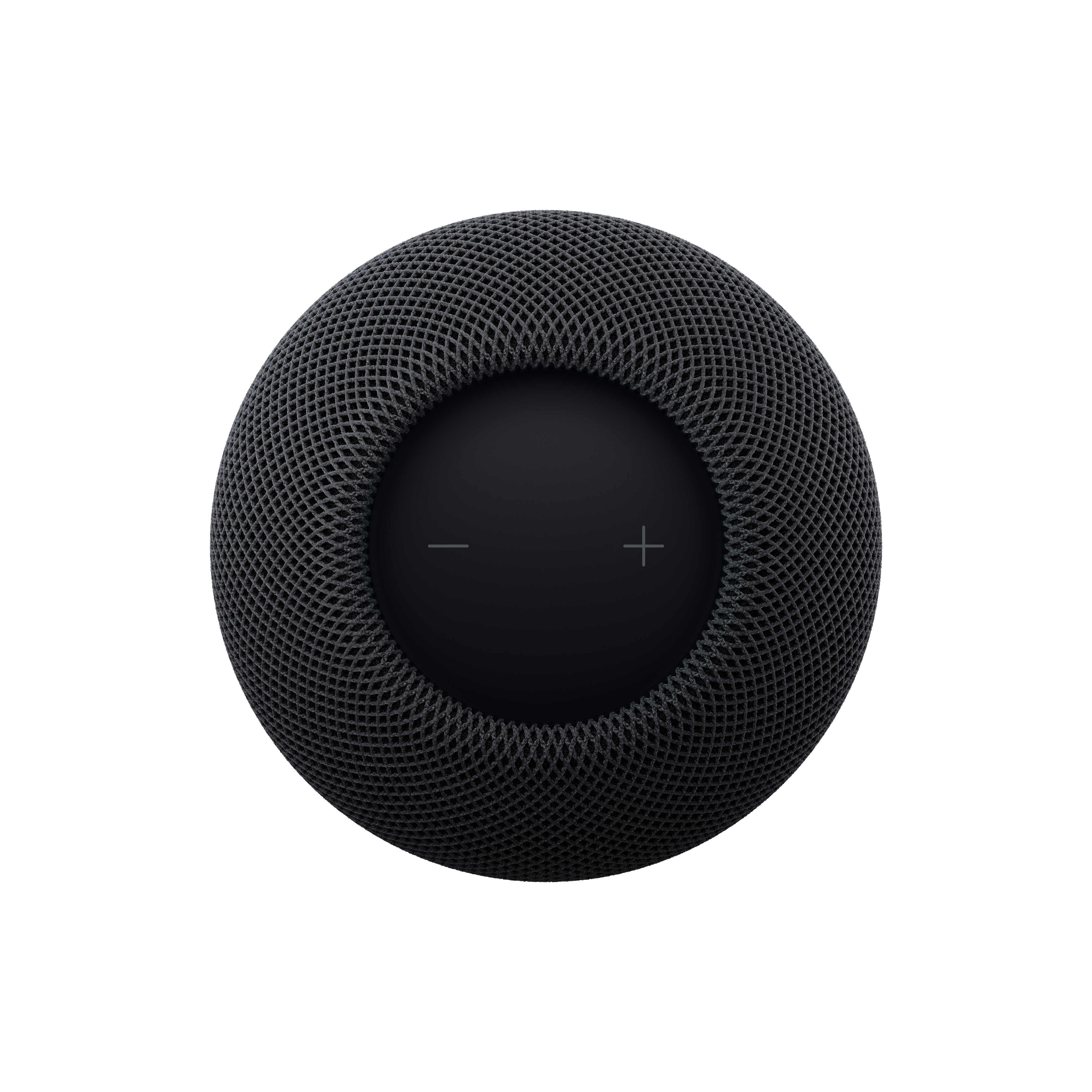 Ein schwarzer runder Smart-Lautsprecher mit Mesh-Gewebe und Plus- und Minus-Tasten oben.