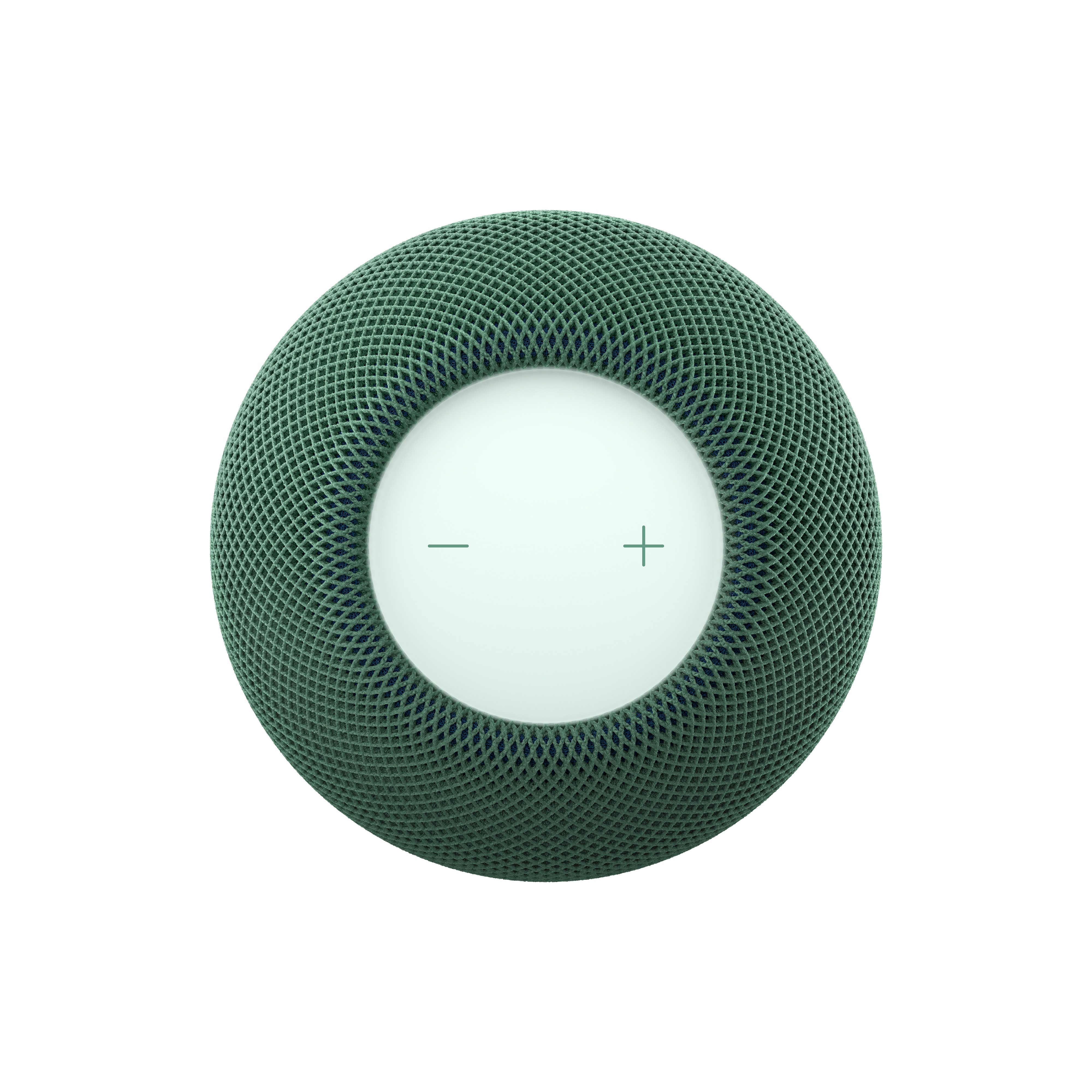 Ein grüner, runder Smart-Lautsprecher mit weißem Bedienfeld und Plus- und Minus-Symbolen.