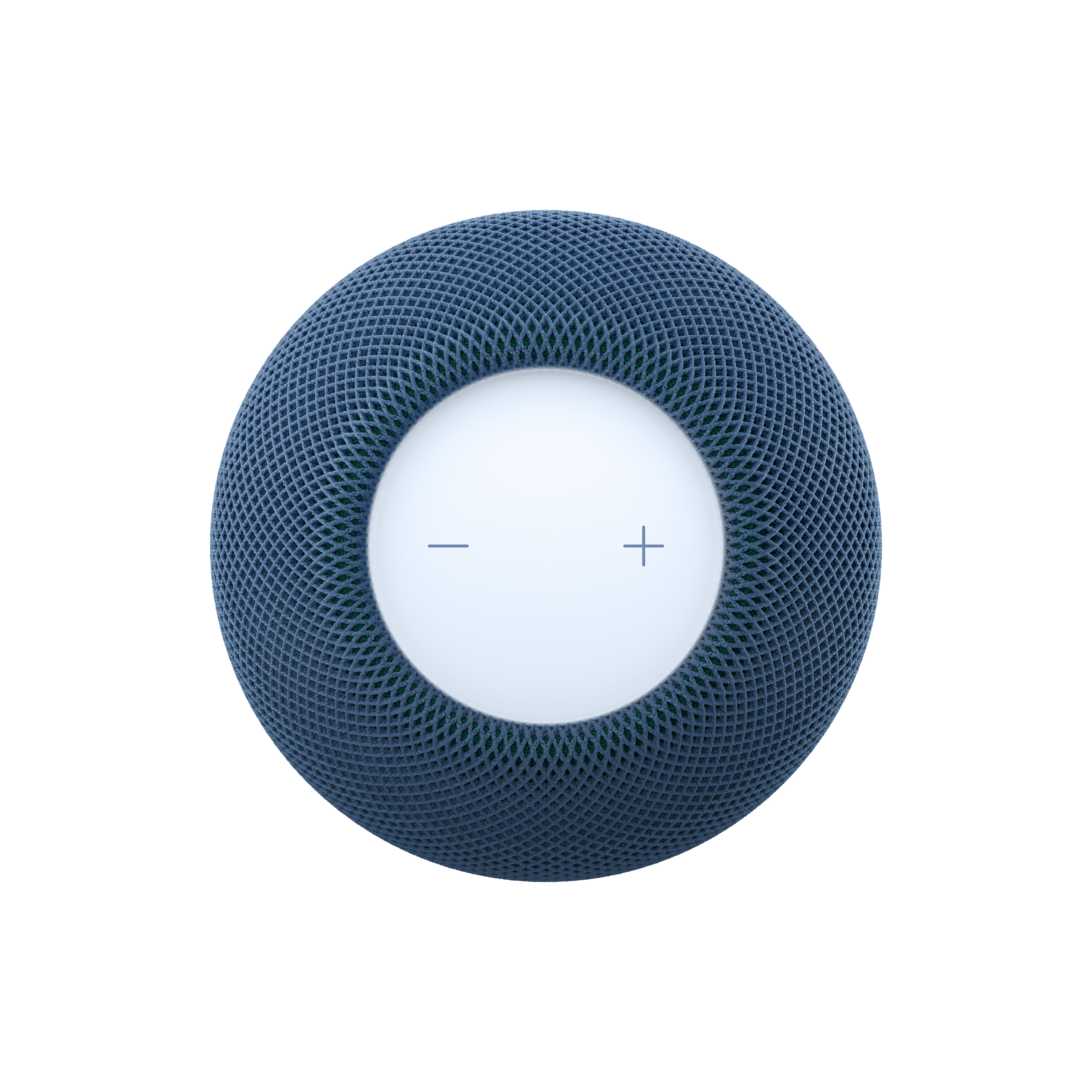 Blaue runder Smart Speaker mit weißer Touch-Oberfläche und grauen Plus- und Minus-Symbolen auf weißem Hintergrund.