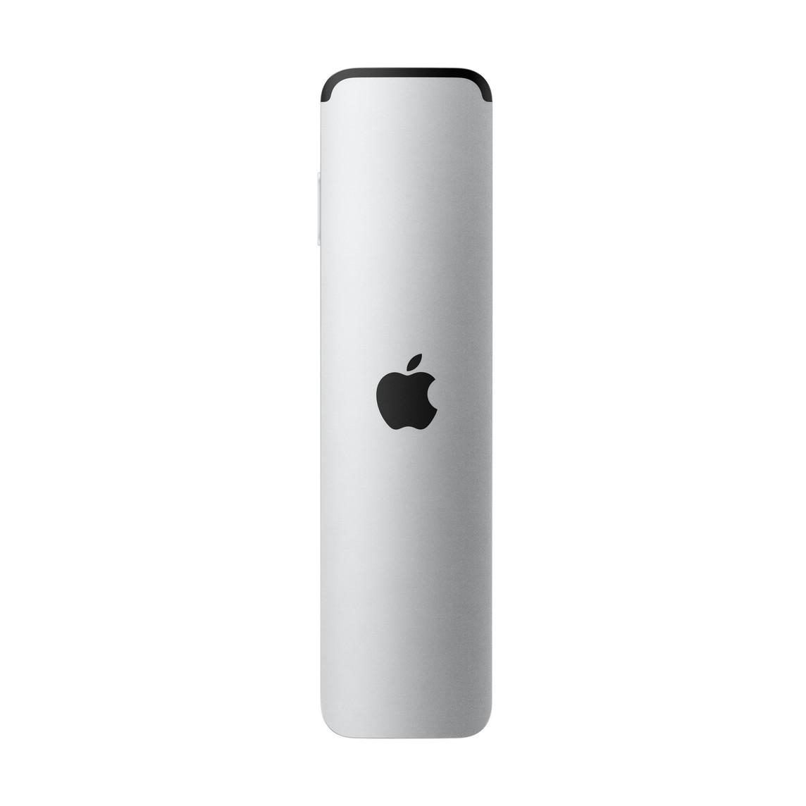 Eine silberne Apple Fernbedienung mit schwarzer Oberseite und schwarzem Apple Logo auf weißem Hintergrund.