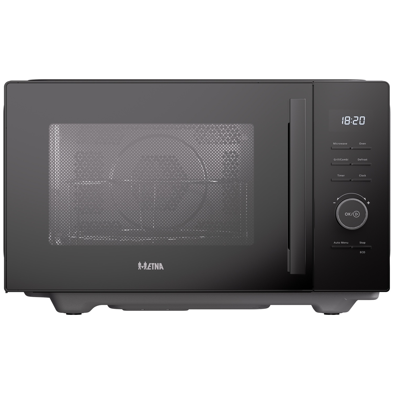 A black Etna microwave with a digital display, buttons, and a round dial on the right side against a white background.