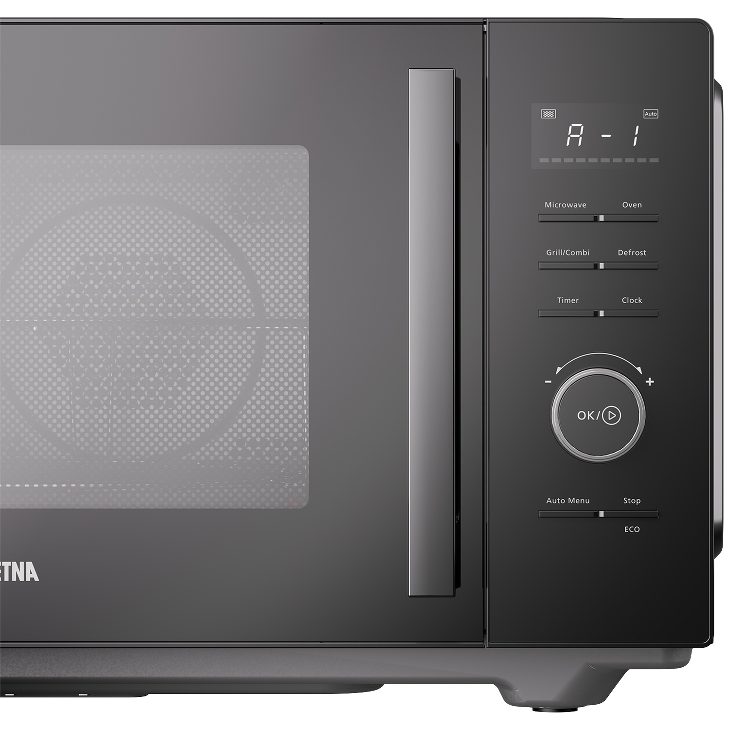 Modern black microwave with a digital display and rotary knob on the right control panel.