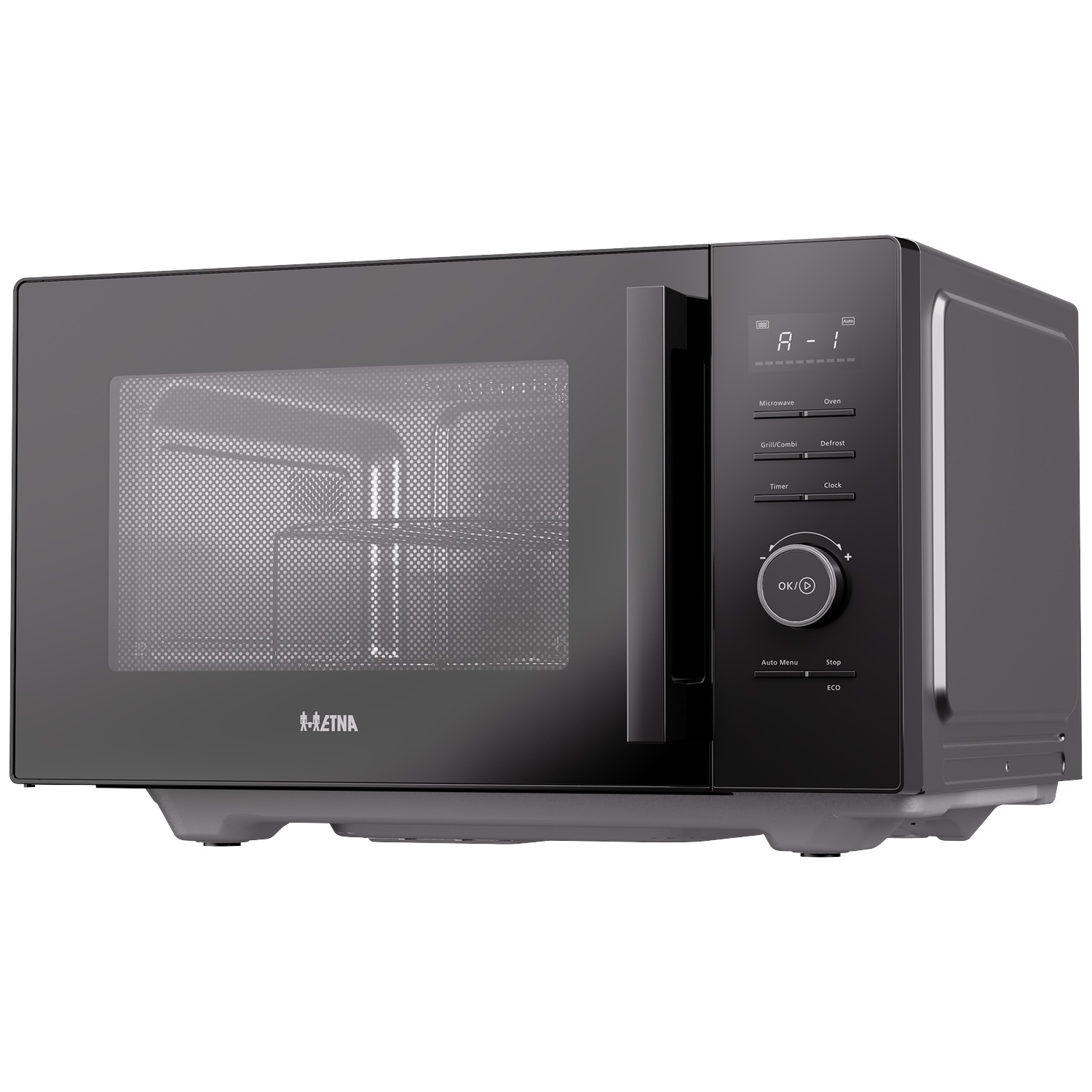 Modern black microwave with digital display, rotary knob, and buttons on the right side.