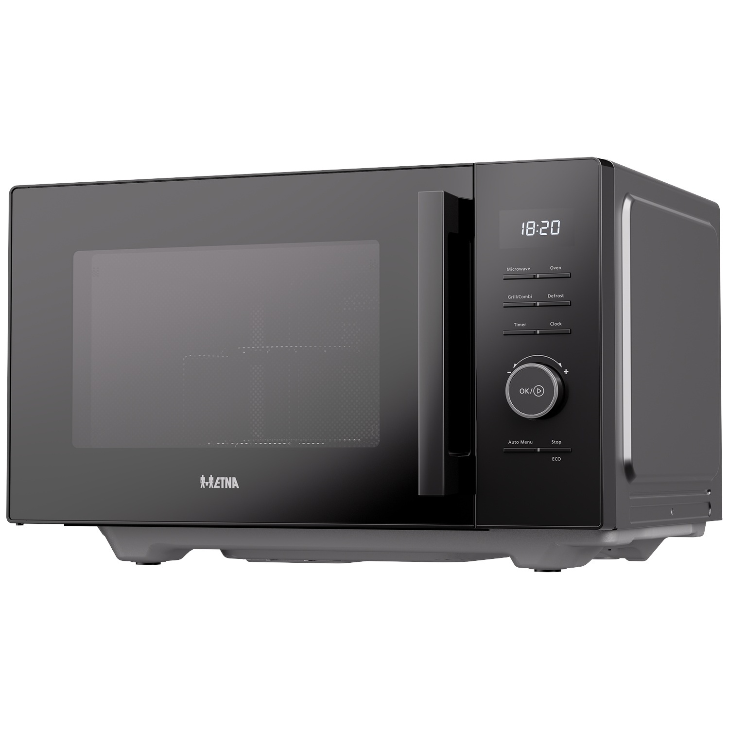 Black microwave with digital display, rotary dial, and vertical handle on a white background.