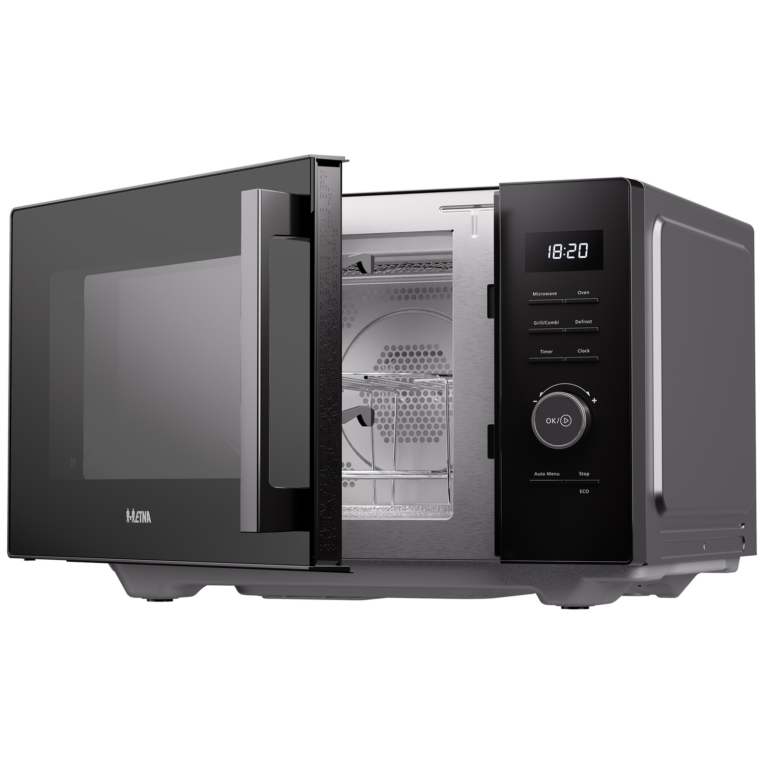 Black microwave with an open door, digital display, control buttons, and stainless steel interior with a rack.