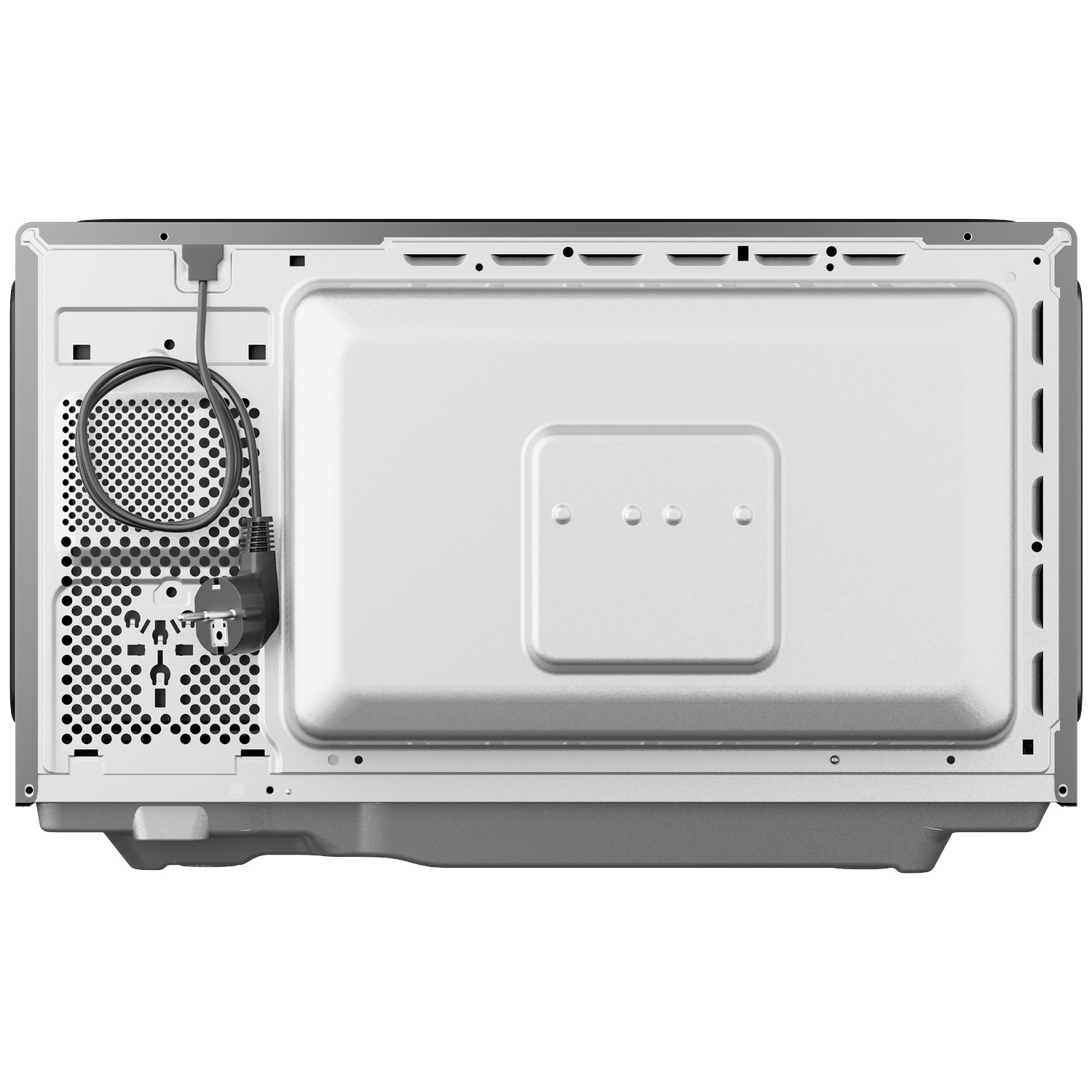 Rear view of a silver microwave with a ventilation grille and connected power cord.