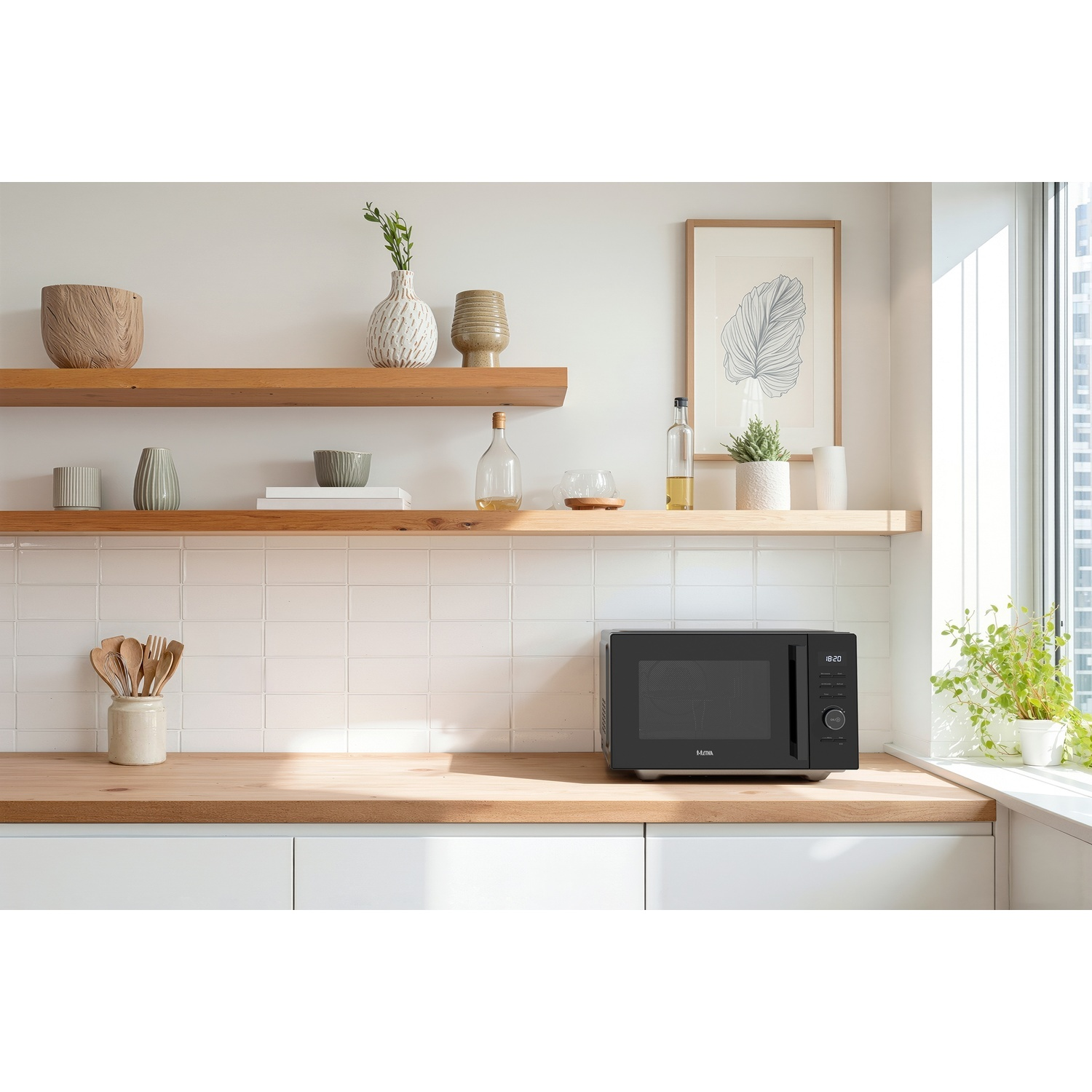 Modern kitchen with wood shelves holding decor, white tile backsplash, wooden countertop, and a black microwave.