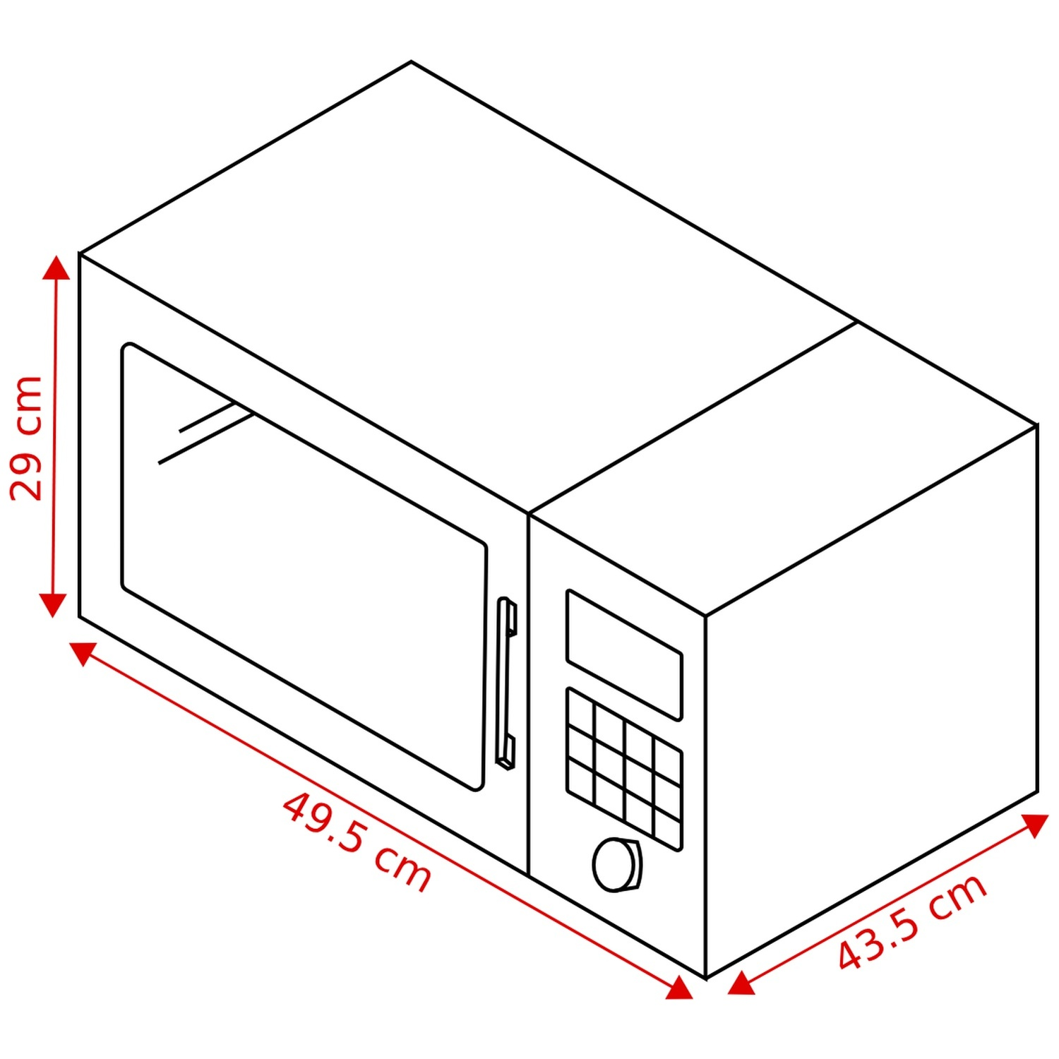 Line drawing of a microwave with red dimensions: 29 cm high, 49.5 cm wide, 43.5 cm deep.