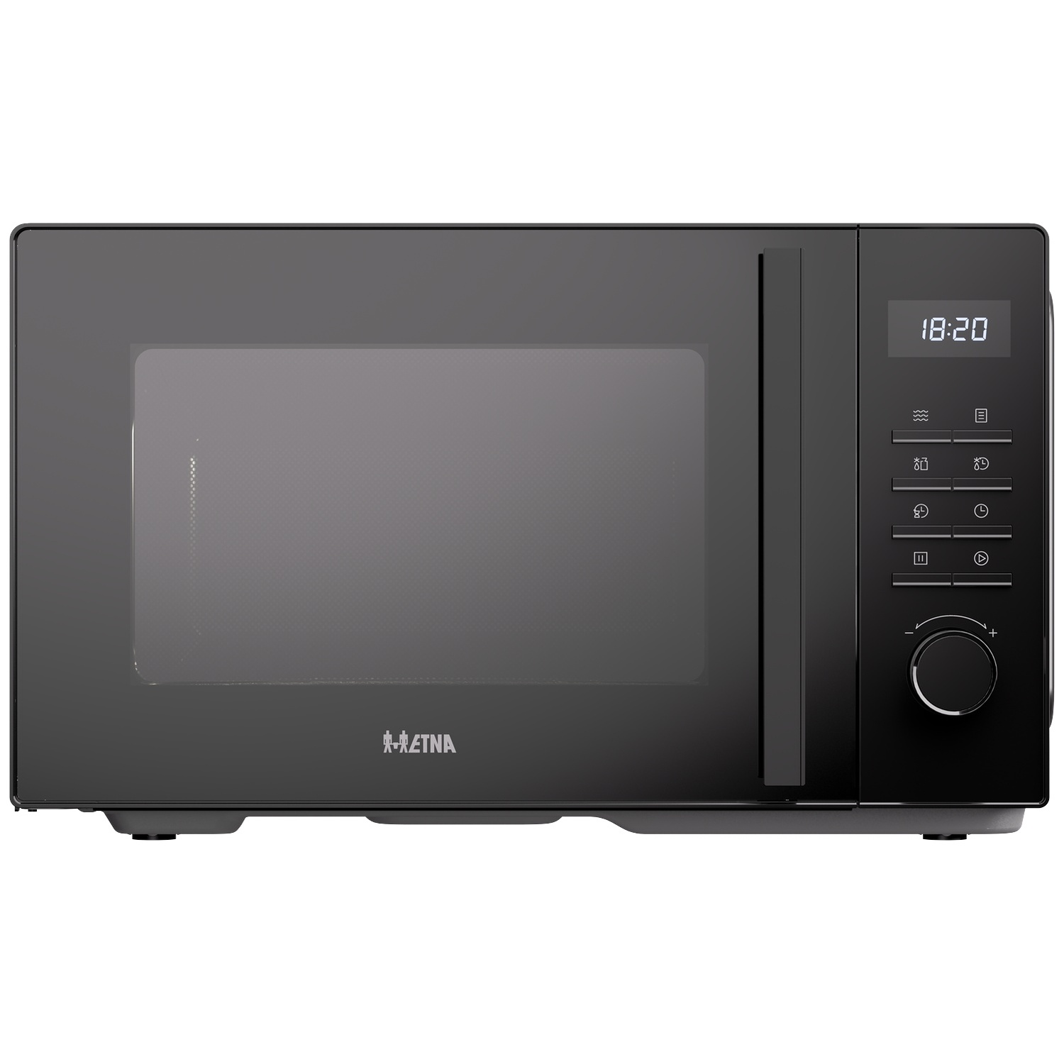 Black microwave with a digital display, push buttons, and a circular dial on the right side.